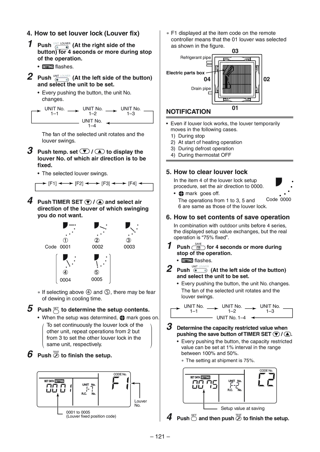 Toshiba RAV-SP1404AT-E How to set louver lock Louver fix, How to clear louver lock, How to set contents of save operation 