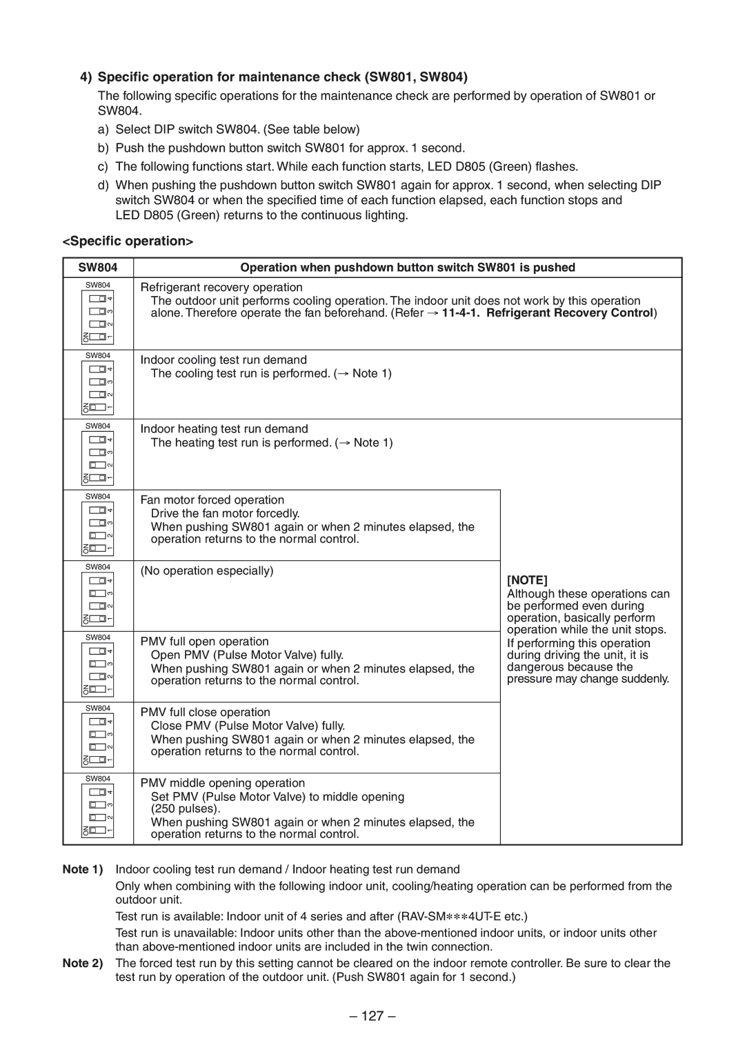 Toshiba RAV-SM1104UT-E, RAV-SM1404UT-E, RAV-SP1104AT-E 127, Specific operation for maintenance check SW801, SW804 