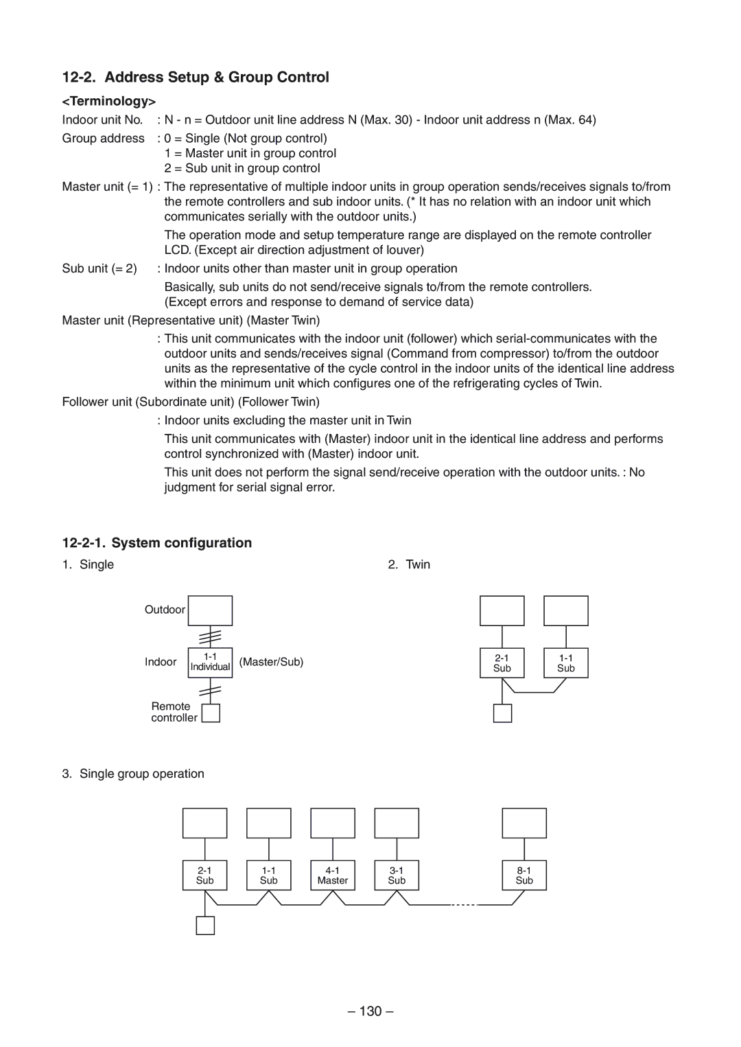 Toshiba RAV-SP1404AT-E, RAV-SM1404UT-E, RAV-SM804UT-E Address Setup & Group Control, System configuration, 130, Terminology 