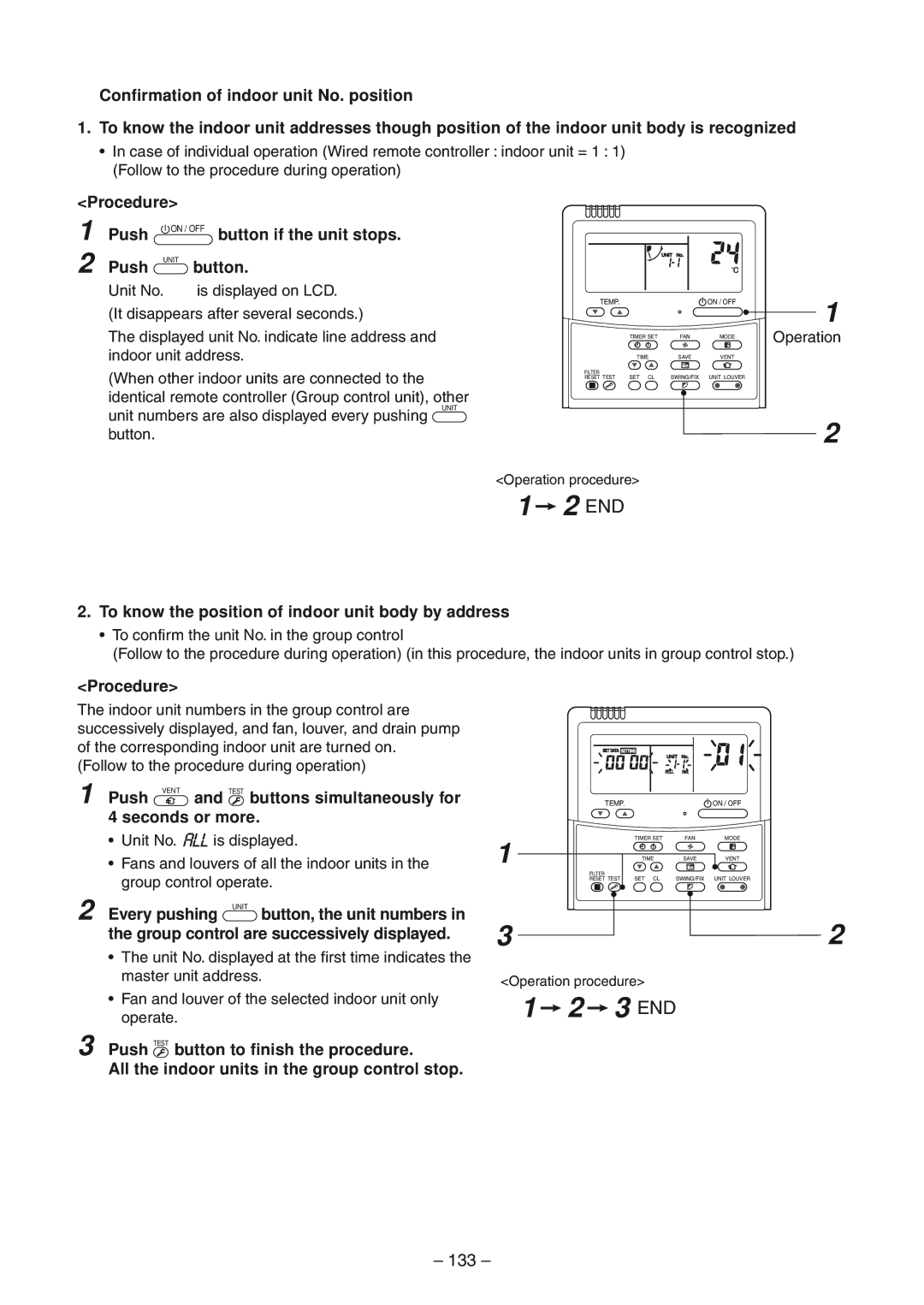 Toshiba RAV-SP1104ATZ-E 133, Procedure Push, Push Unit button, To know the position of indoor unit body by address 