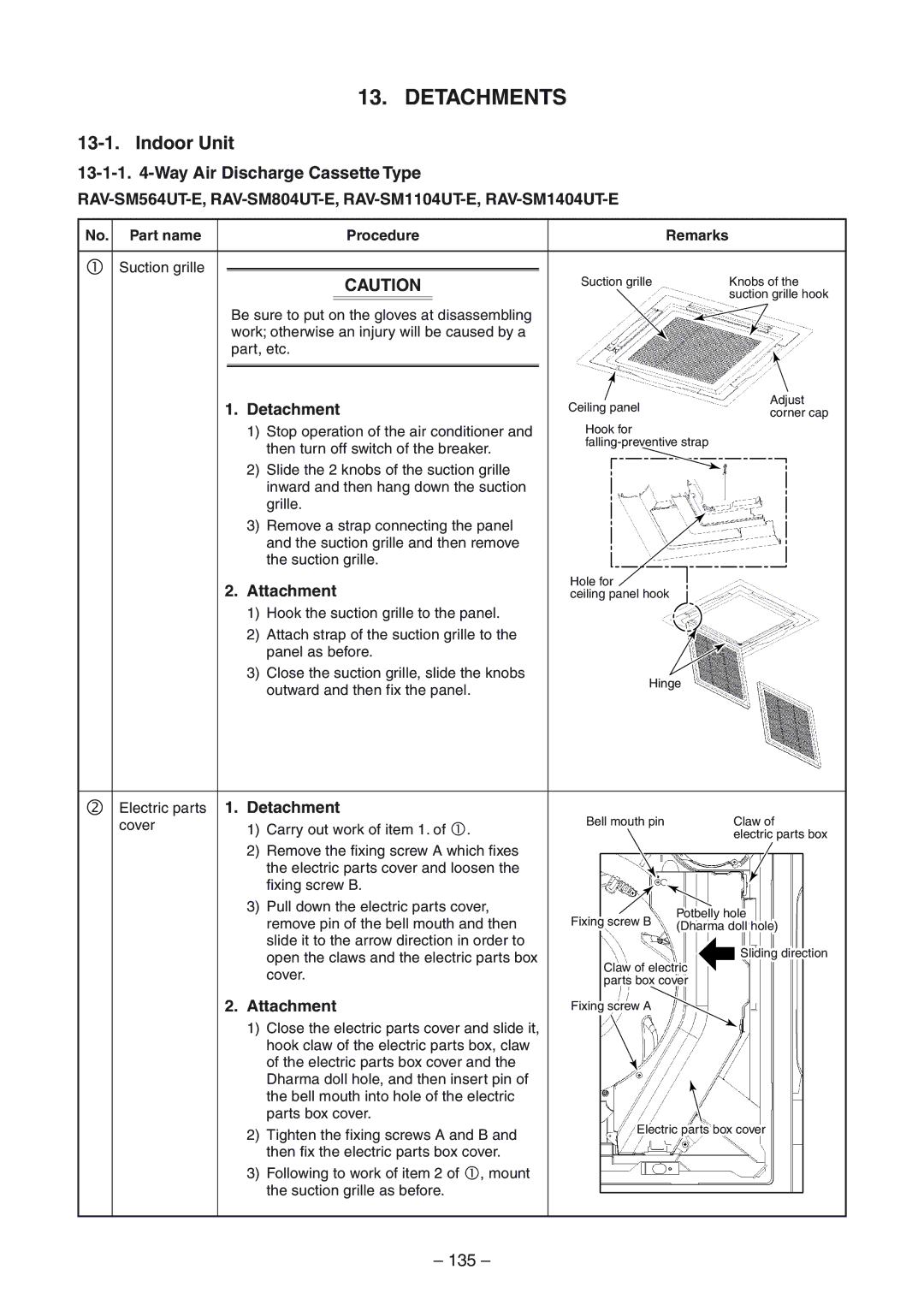 Toshiba RAV-SM1404UT-E, RAV-SM1104UT-E, RAV-SP1104AT-E 135, Detachment, Attachment, No. Part name, Procedure Remarks 