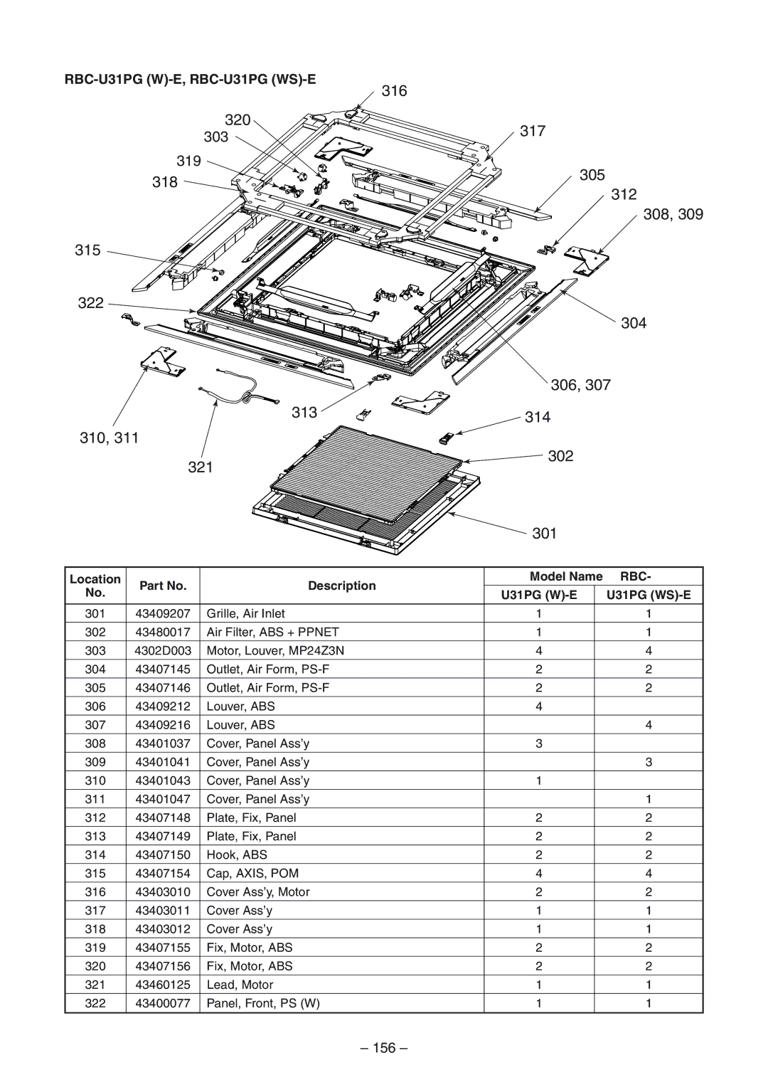 Toshiba RAV-SP1404ATZG-E, RAV-SM1404UT-E, RAV-SM1104UT-E, RAV-SP1104AT-E, RAV-SP1404AT-E 303, 319, 156, U31PG W-E, U31PG WS-E 