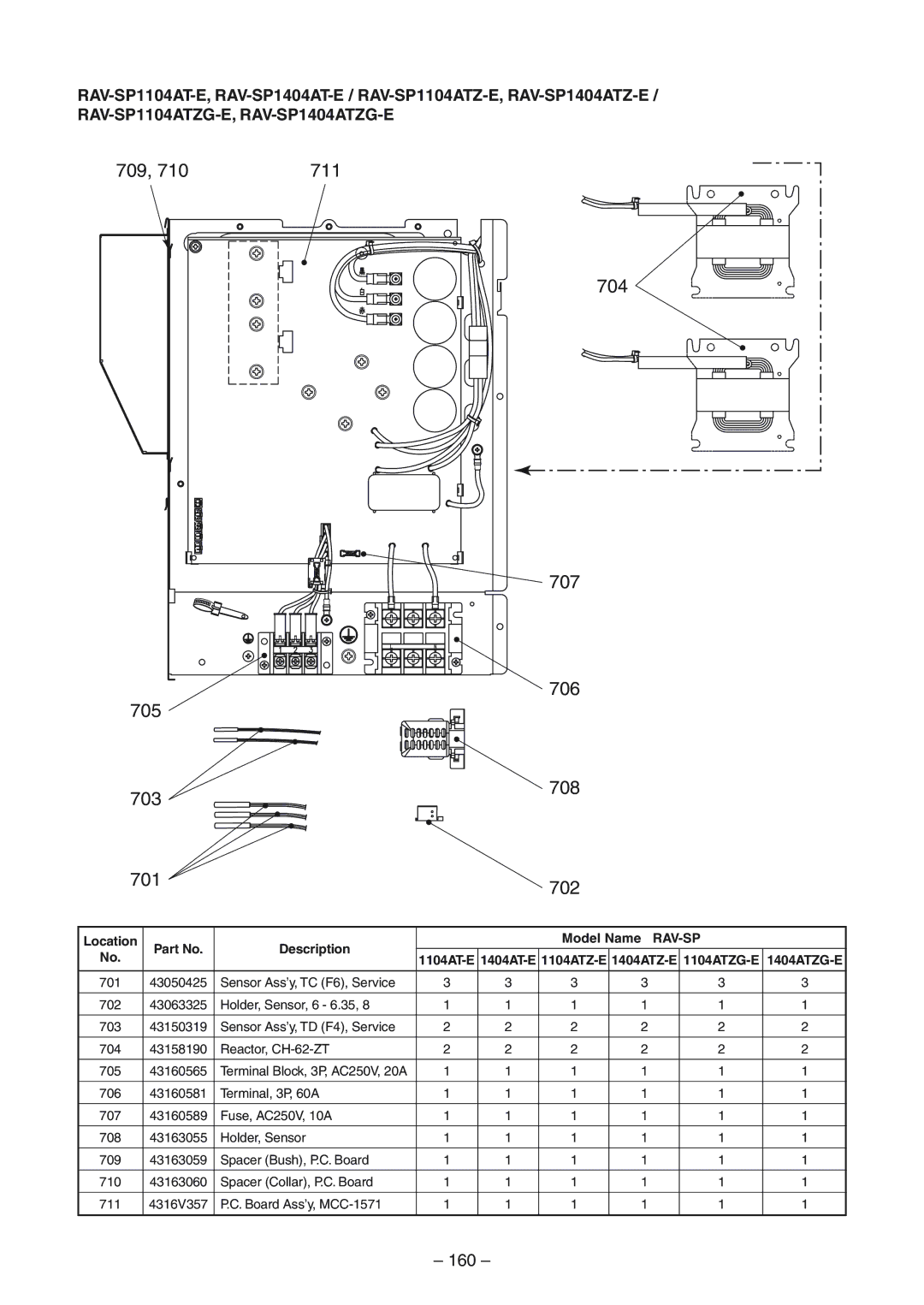 Toshiba RAV-SP1104ATZ-E 160, Description Model Name, 1104AT-E 1404AT-E 1104ATZ-E 1404ATZ-E 1104ATZG-E 1404ATZG-E 