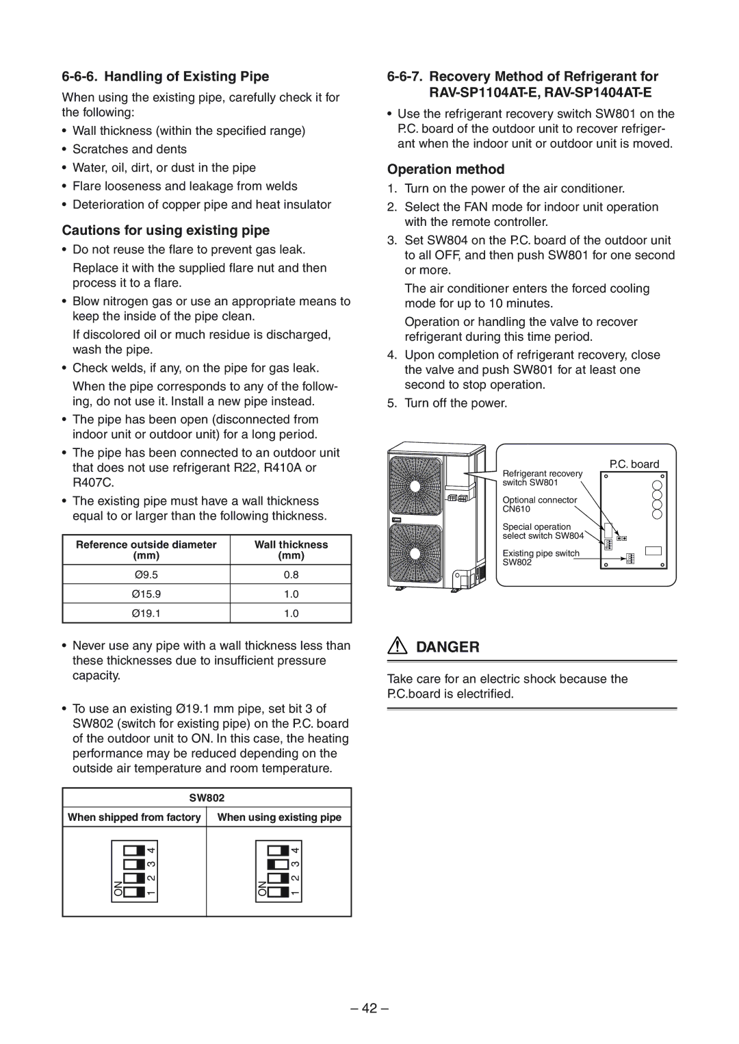 Toshiba RAV-SP1404ATZ-E Handling of Existing Pipe, Operation method, Reference outside diameter Wall thickness, SW802 