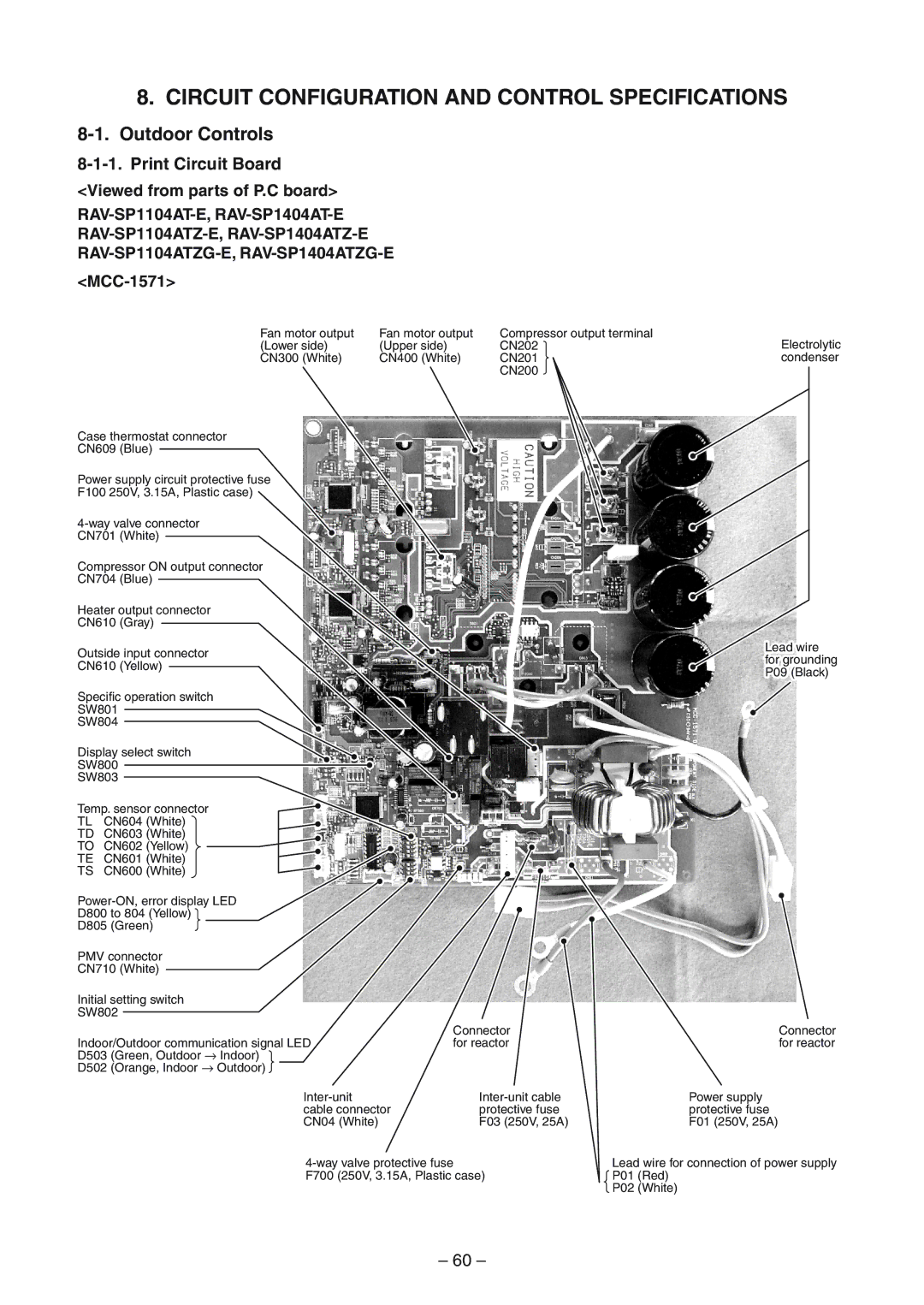 Toshiba RAV-SP1404ATZ-E, RAV-SM1404UT-E Outdoor Controls, Print Circuit Board, Viewed from parts of P.C board, MCC-1571 