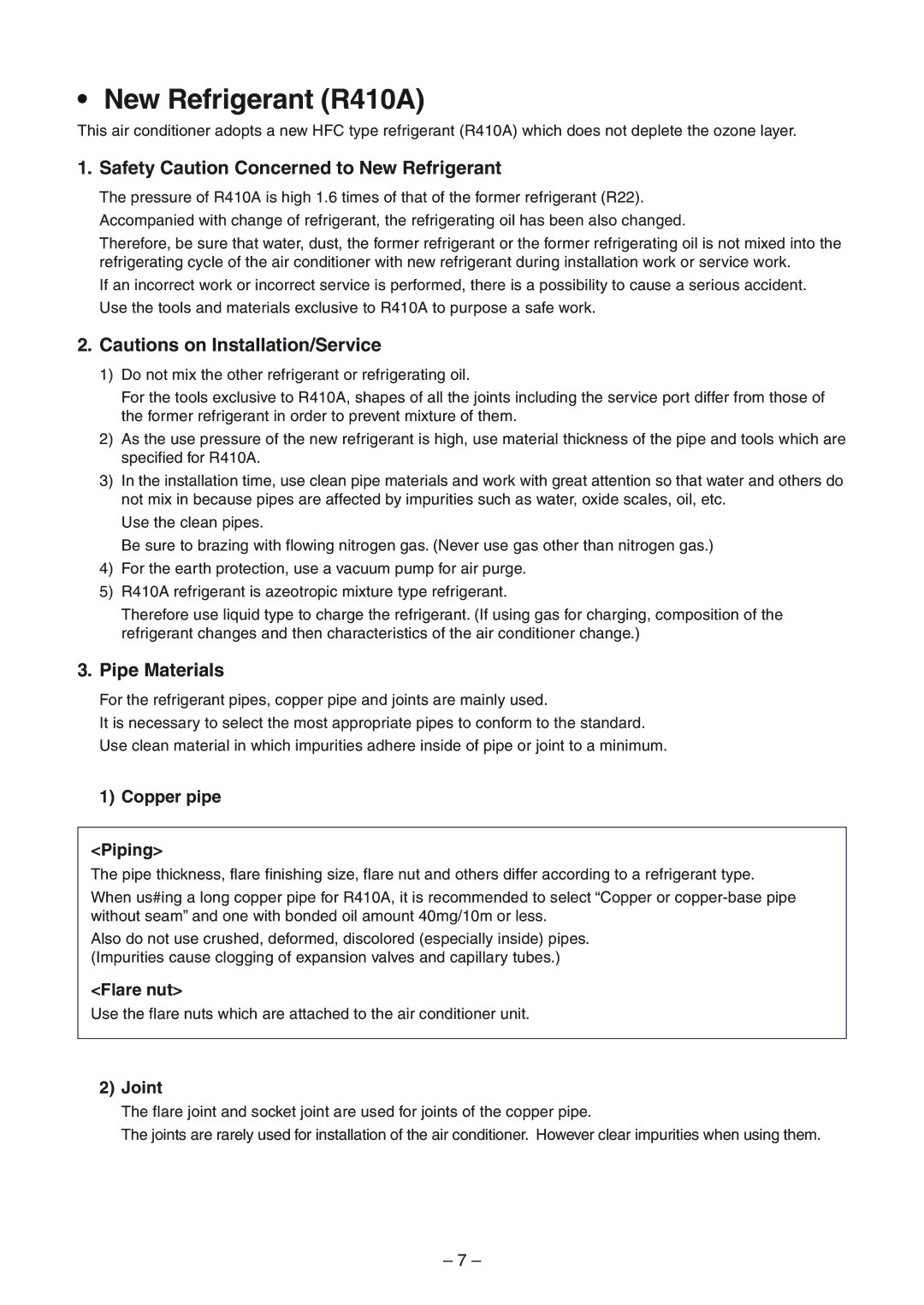 Toshiba RAV-SP1104ATZ-E Safety Caution Concerned to New Refrigerant, Pipe Materials, Copper pipe Piping, Flare nut, Joint 