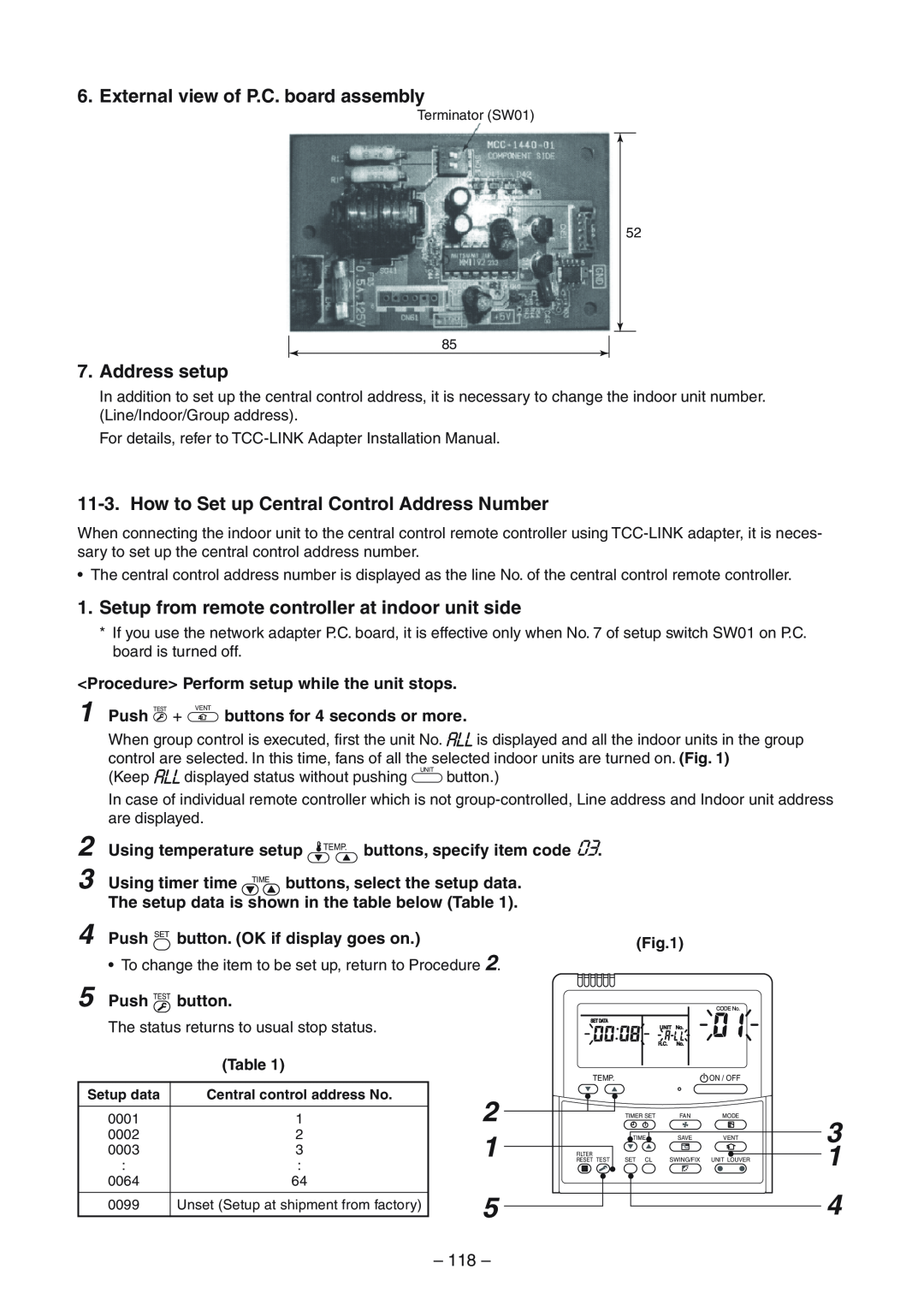 Toshiba RAV-SM1104UT-E 1 2 3, 2 1 5, 3 1 4, External view of P.C. board assembly, Address setup, 118, Push TEST, button 