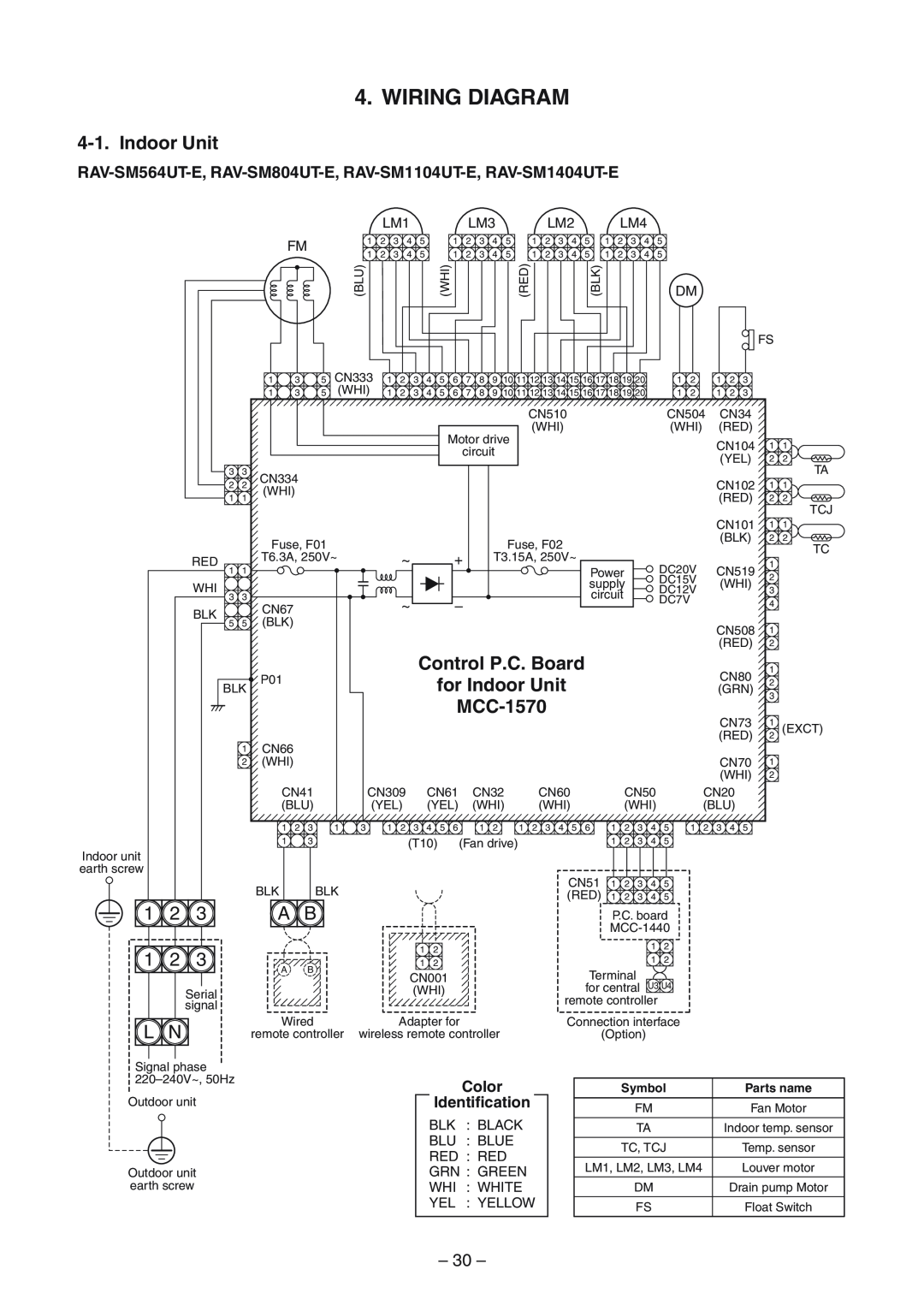 Toshiba RAV-SP1404ATZG-E Wiring Diagram, Control P.C. Board, for Indoor Unit, MCC-1570, 30, Color, Identification 