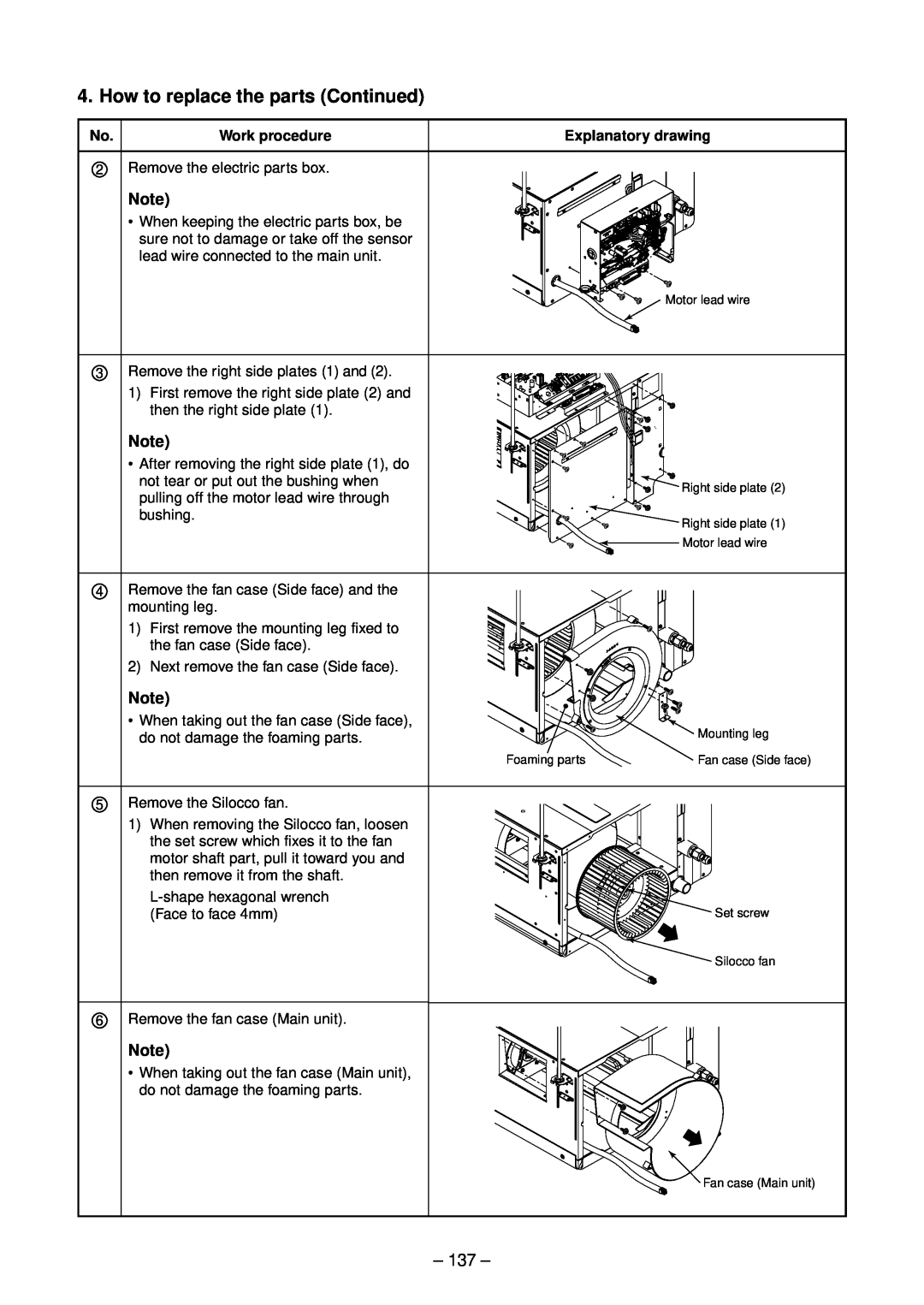 Toshiba RAV-SM1603ATZG-E, RAV-SM1603DT-A How to replace the parts Continued, 137, Work procedure, Explanatory drawing 