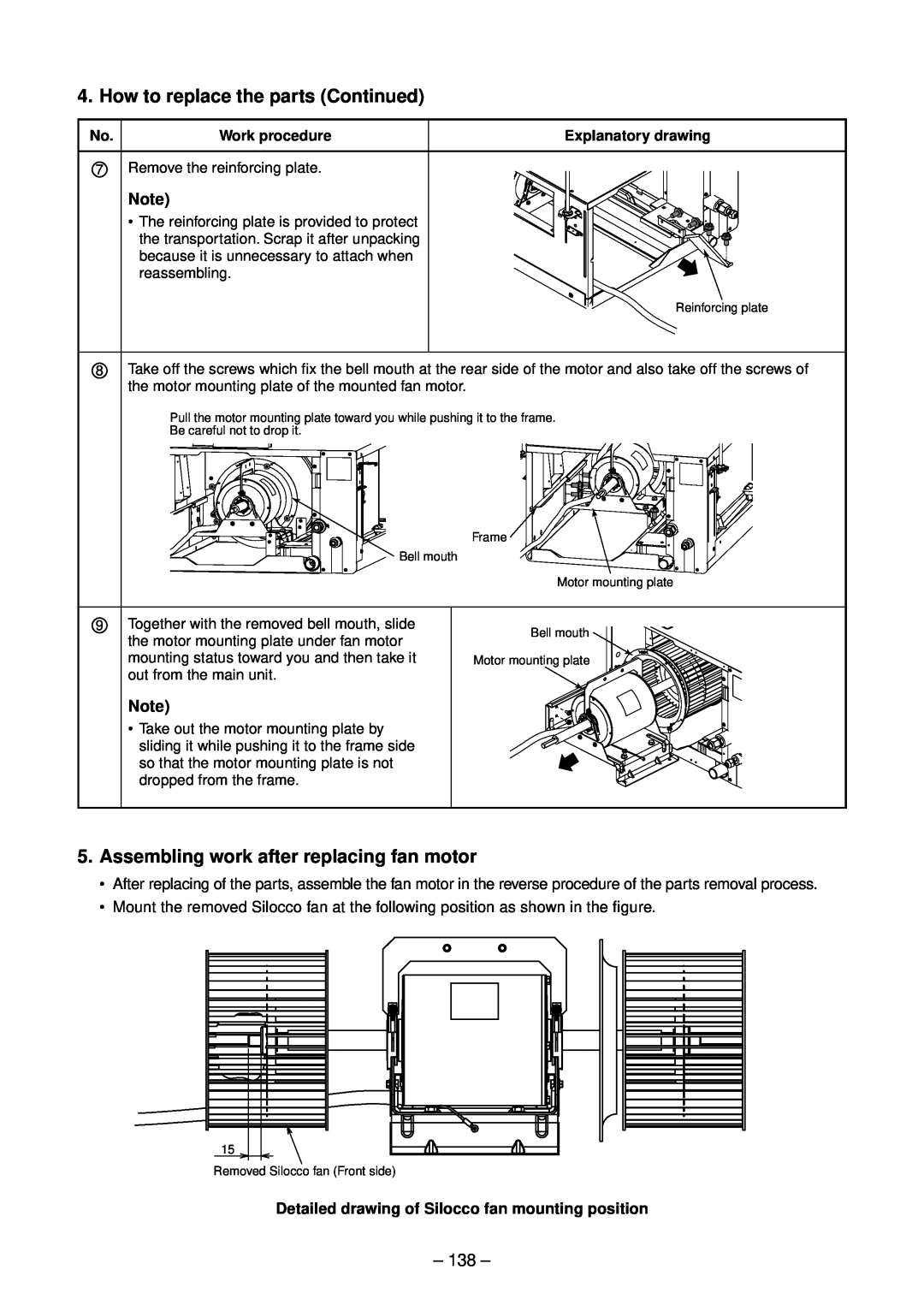 Toshiba RAV-SM1603ATZ-E Assembling work after replacing fan motor, How to replace the parts Continued, 138, Work procedure 