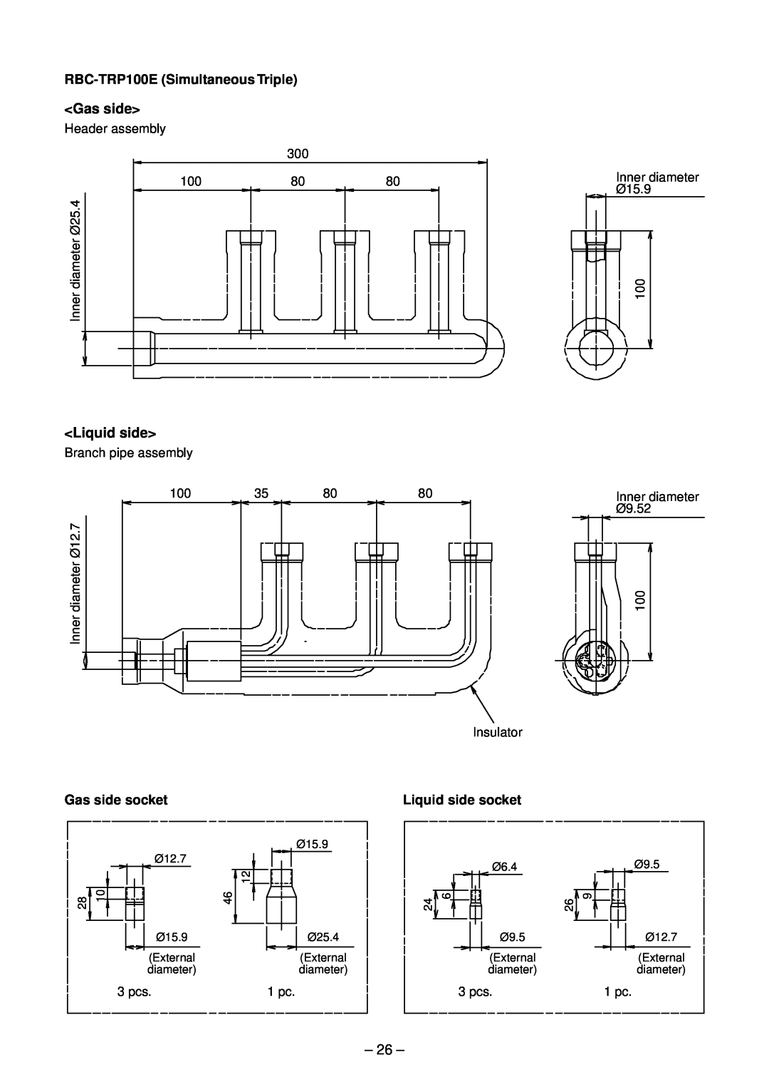 Toshiba RAV-SM1603ATZ-E, RAV-SM1603DT-A <Gas side>, RBC-TRP100ESimultaneous Triple, Gas side socket, Liquid side socket 