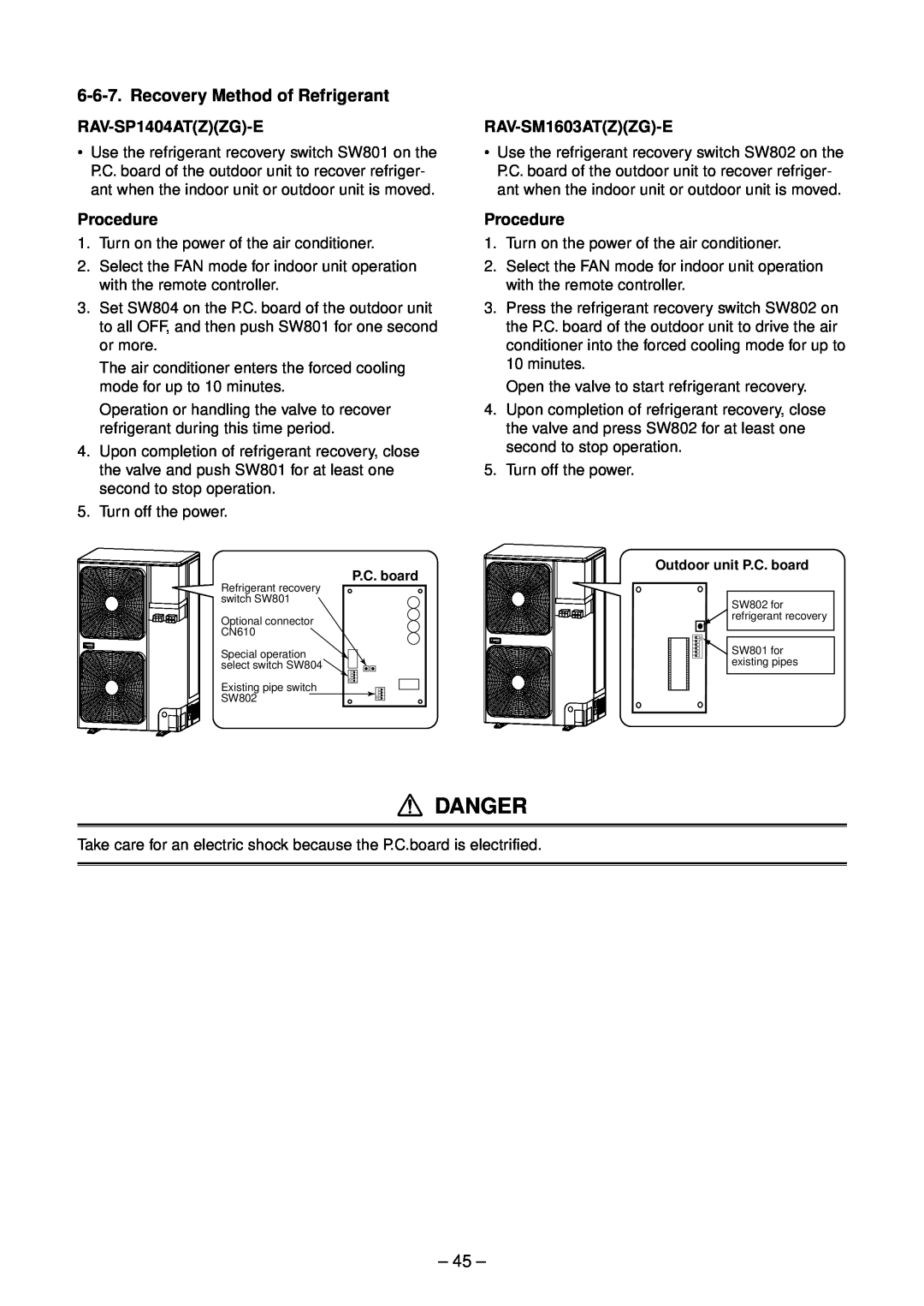 Toshiba RAV-SM1603ATZG-E Danger, Recovery Method of Refrigerant, 45, RAV-SP1404ATZZG-E, Procedure, RAV-SM1603ATZZG-E 