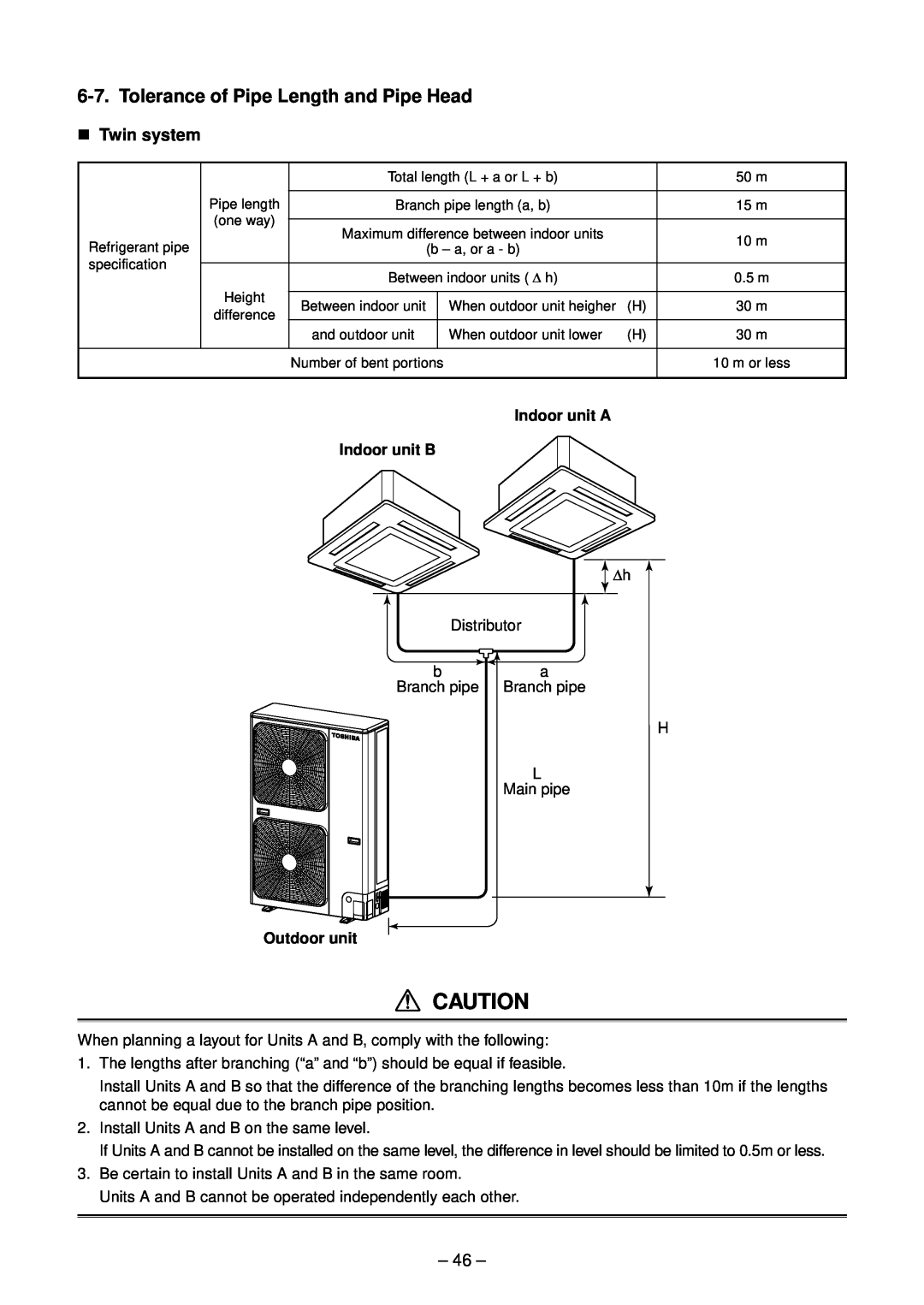 Toshiba RAV-SM1603ATZ-E Tolerance of Pipe Length and Pipe Head, n Twin system, Indoor unit A Indoor unit B, Outdoor unit 