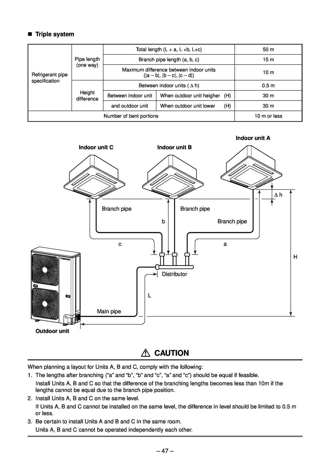 Toshiba RAV-SM1403DT-A, RAV-SM1603DT-A n Triple system, 47, Indoor unit A, Indoor unit C, Indoor unit B, Outdoor unit 