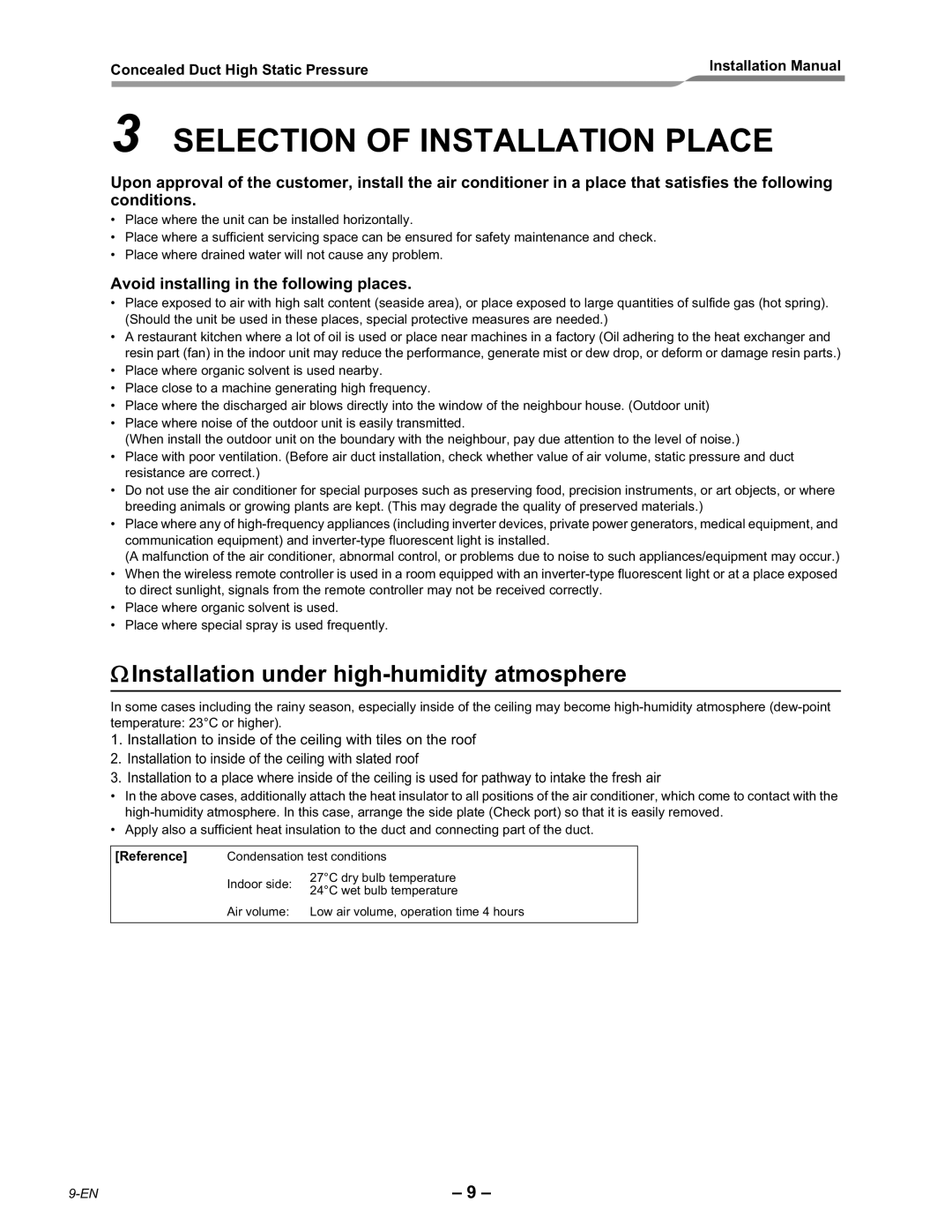 Toshiba RAV-SM2802DT-E, RAV-SM2242DT-E Selection of Installation Place, Installation under high-humidity atmosphere 