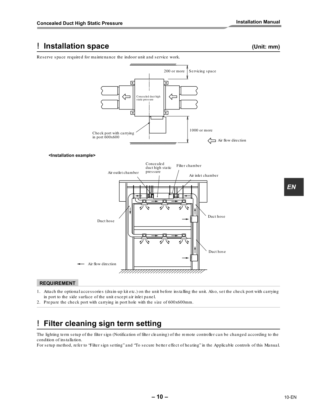 Toshiba RAV-SM2242DT-E Installation space, Filter cleaning sign term setting, Unit mm, Installation example 