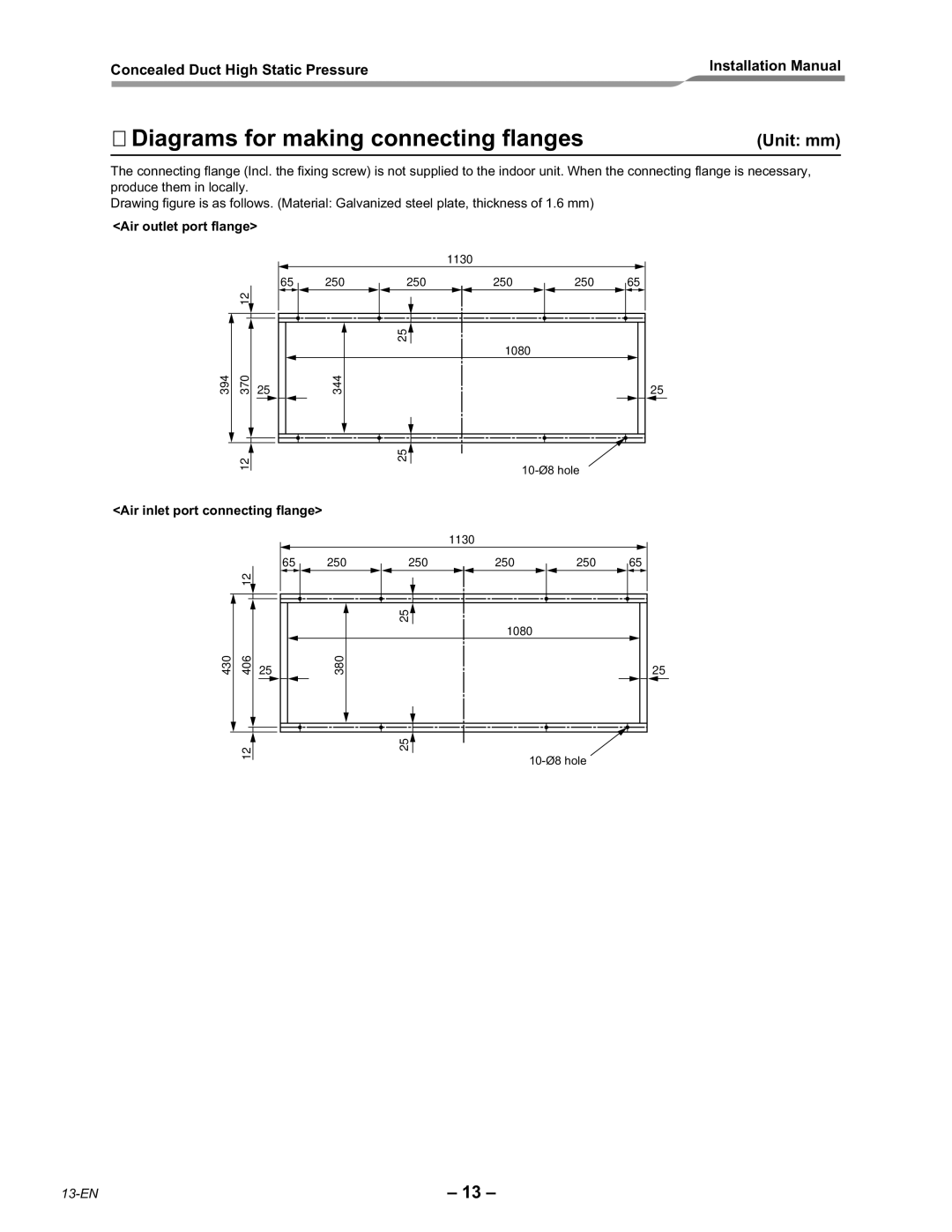 Toshiba RAV-SM2802DT-E Diagrams for making connecting flanges, Air outlet port flange, Air inlet port connecting flange 