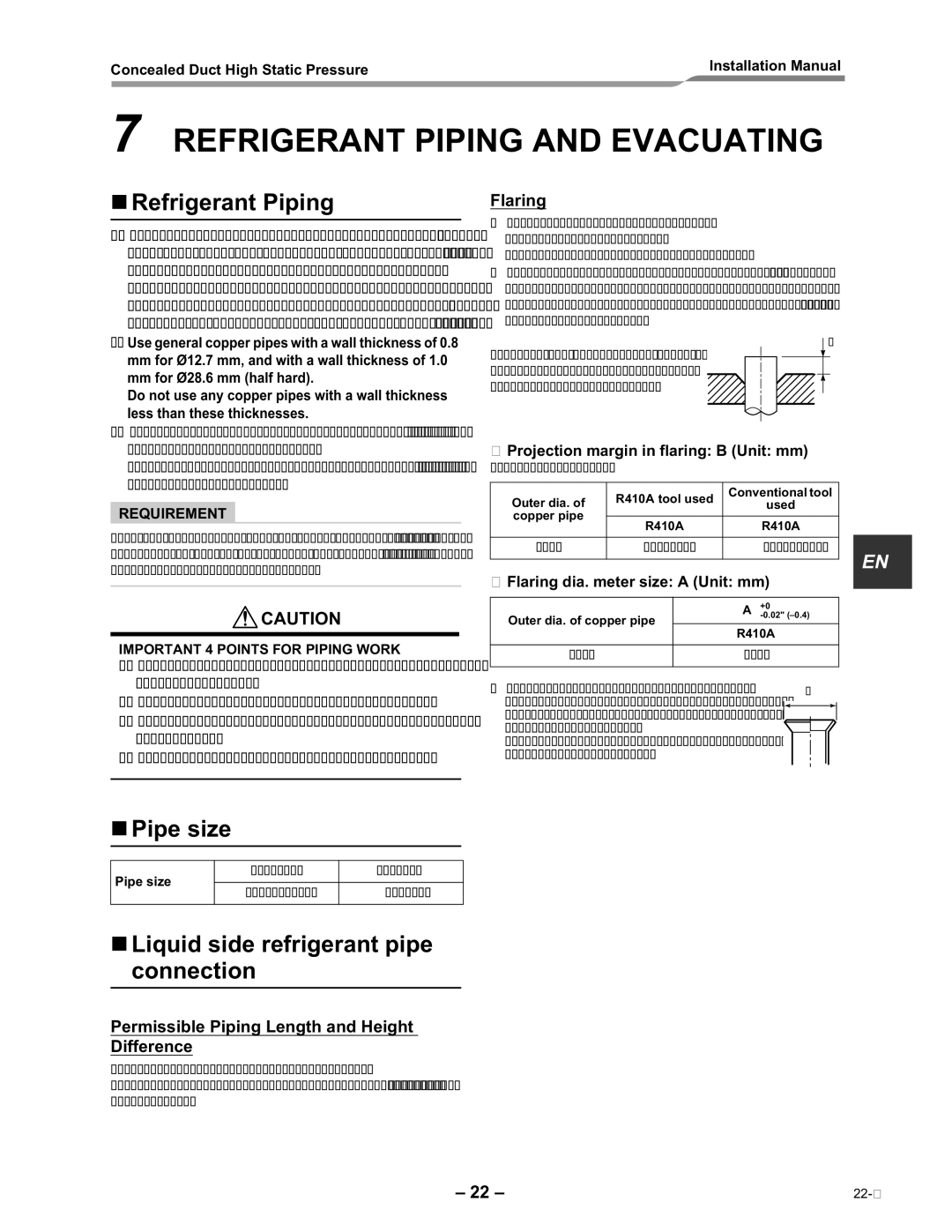 Toshiba RAV-SM2242DT-E Refrigerant Piping and Evacuating, Pipe size, Liquid side refrigerant pipe connection 