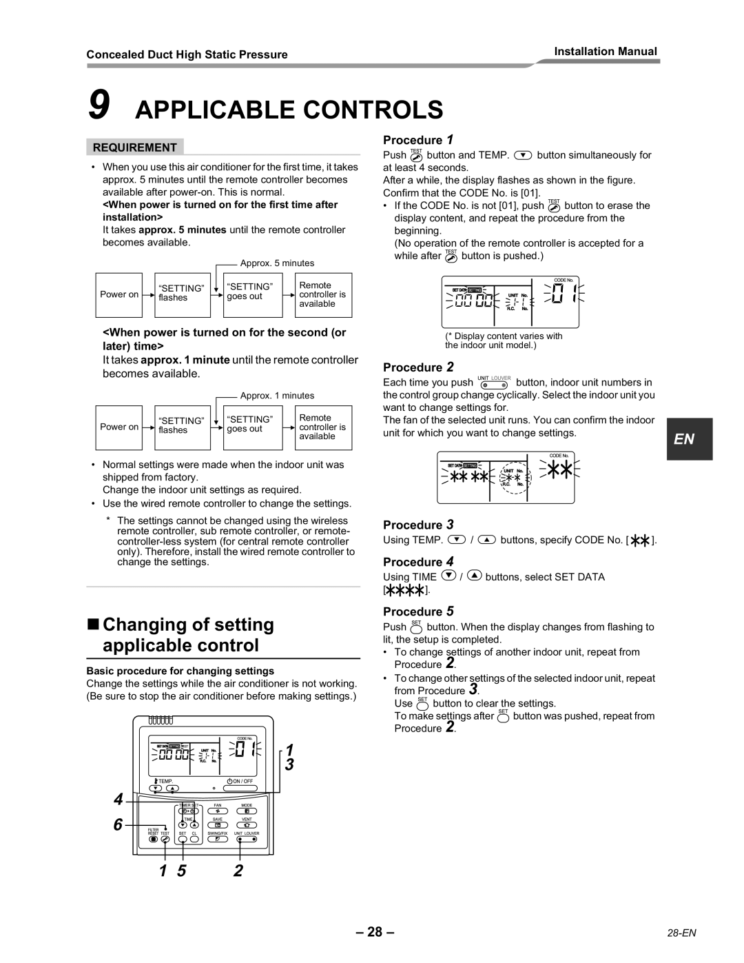 Toshiba RAV-SM2242DT-E Applicable Controls, Changing of setting applicable control, Basic procedure for changing settings 