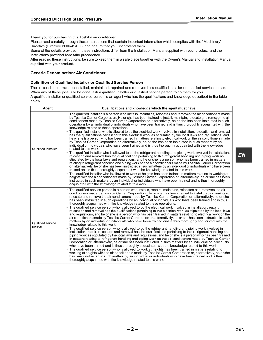 Toshiba RAV-SM2242DT-E, RAV-SM2802DT-E installation manual Concealed Duct High Static Pressure Installation Manual 