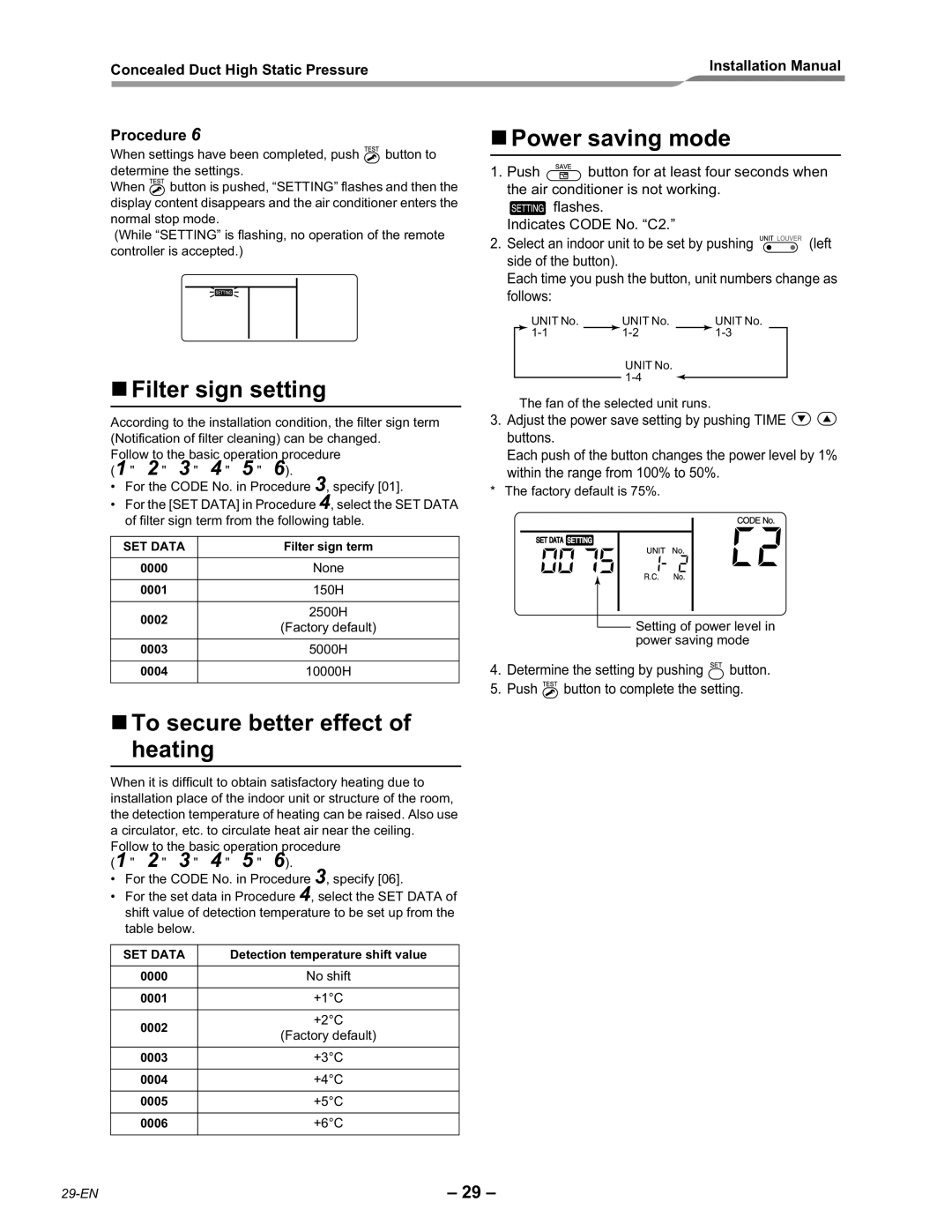 Toshiba RAV-SM2802DT-E Filter sign setting, To secure better effect of heating, Power saving mode, Filter sign term 