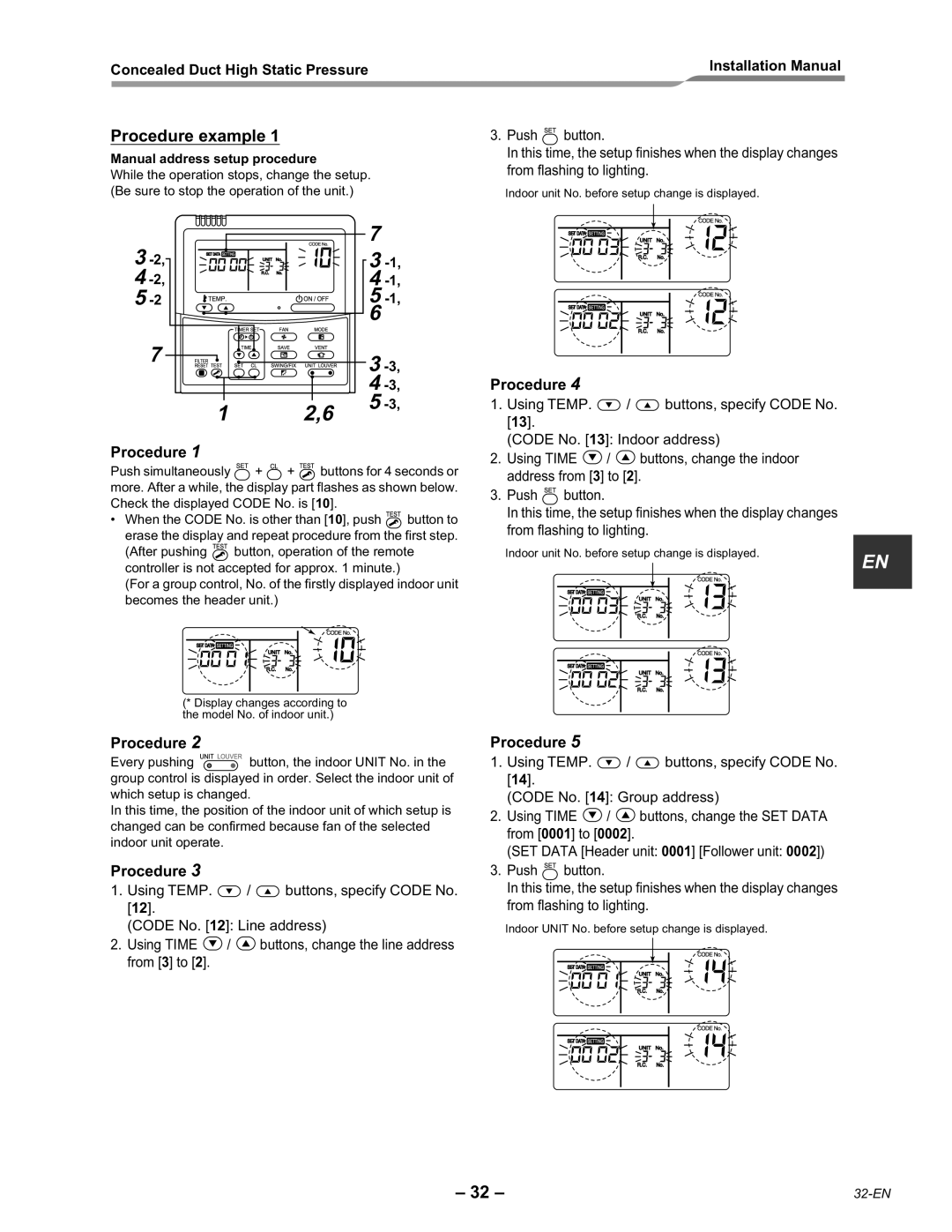 Toshiba RAV-SM2242DT-E, RAV-SM2802DT-E installation manual Procedure example, Manual address setup procedure 