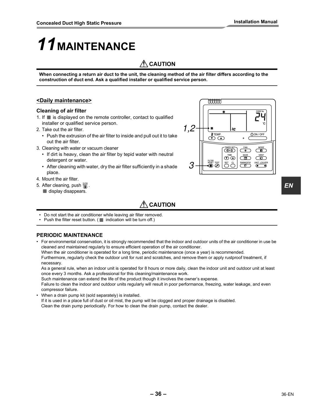 Toshiba RAV-SM2242DT-E, RAV-SM2802DT-E installation manual 11MAINTENANCE, Daily maintenance Cleaning of air filter 