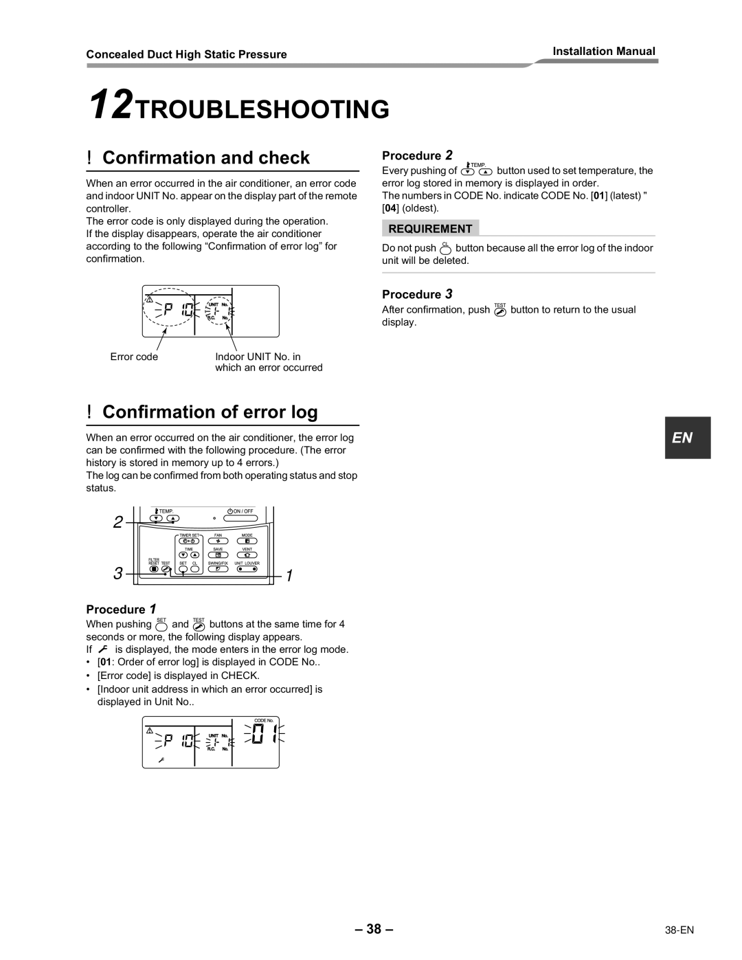 Toshiba RAV-SM2242DT-E, RAV-SM2802DT-E 12TROUBLESHOOTING, Confirmation and check, Confirmation of error log 