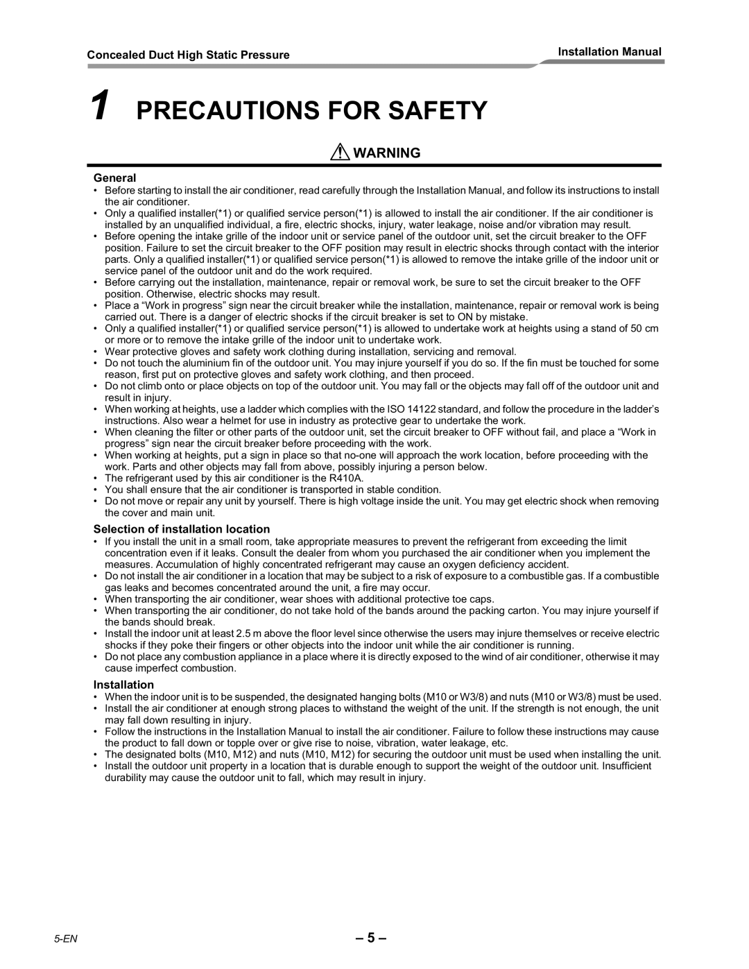 Toshiba RAV-SM2802DT-E, RAV-SM2242DT-E Precautions for Safety, General, Selection of installation location, Installation 