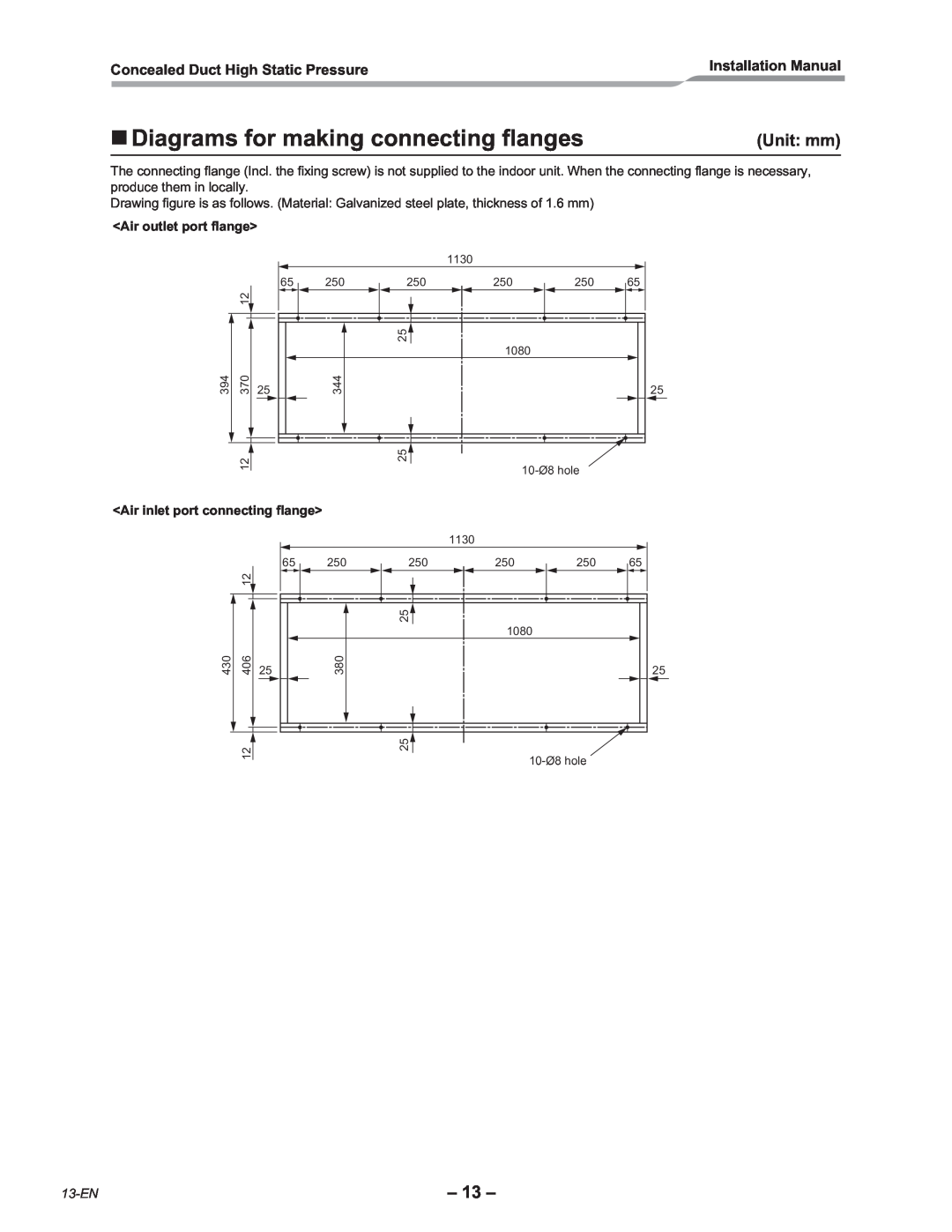 Toshiba RAV-SM2802DT-E Diagrams for making connecting flanges, Unit mm, Concealed Duct High Static Pressure, 13-EN 