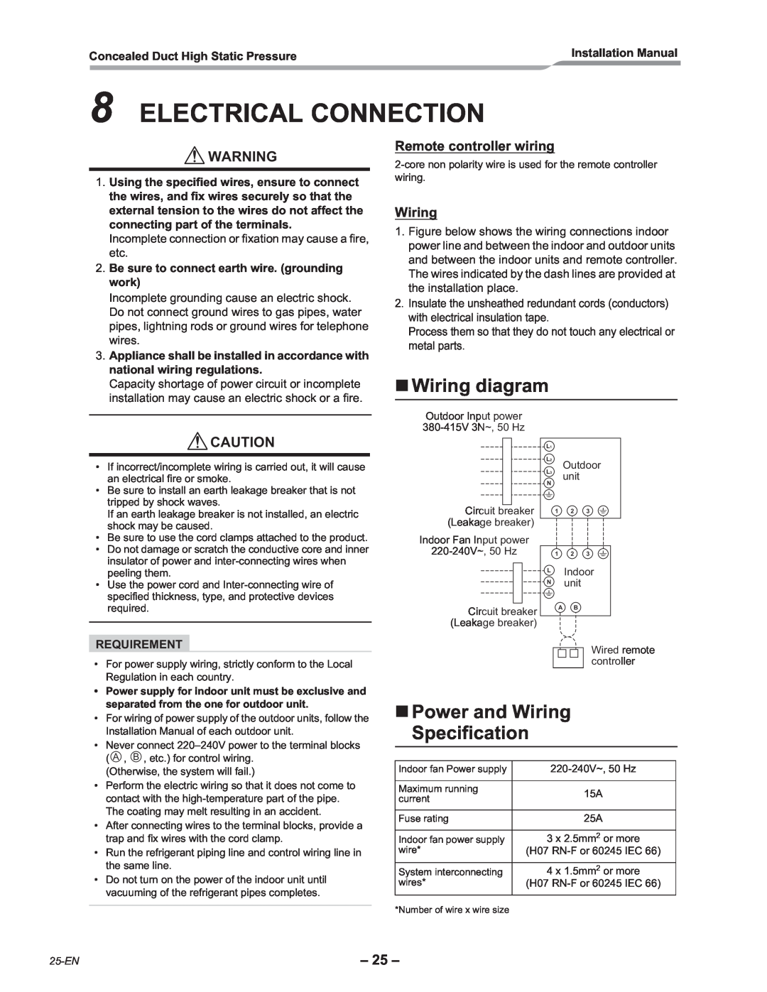 Toshiba RAV-SM2802DT-E Electrical Connection, Wiring diagram, Power and Wiring Specification, Remote controller wiring 