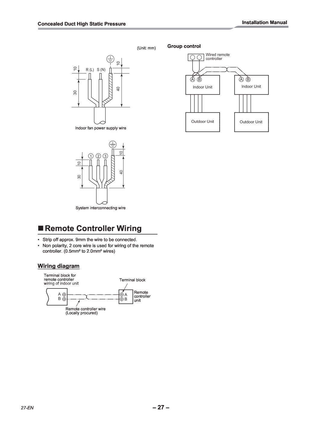Toshiba RAV-SM2802DT-E Remote Controller Wiring, Wiring diagram, Concealed Duct High Static Pressure, Group control, 27-EN 