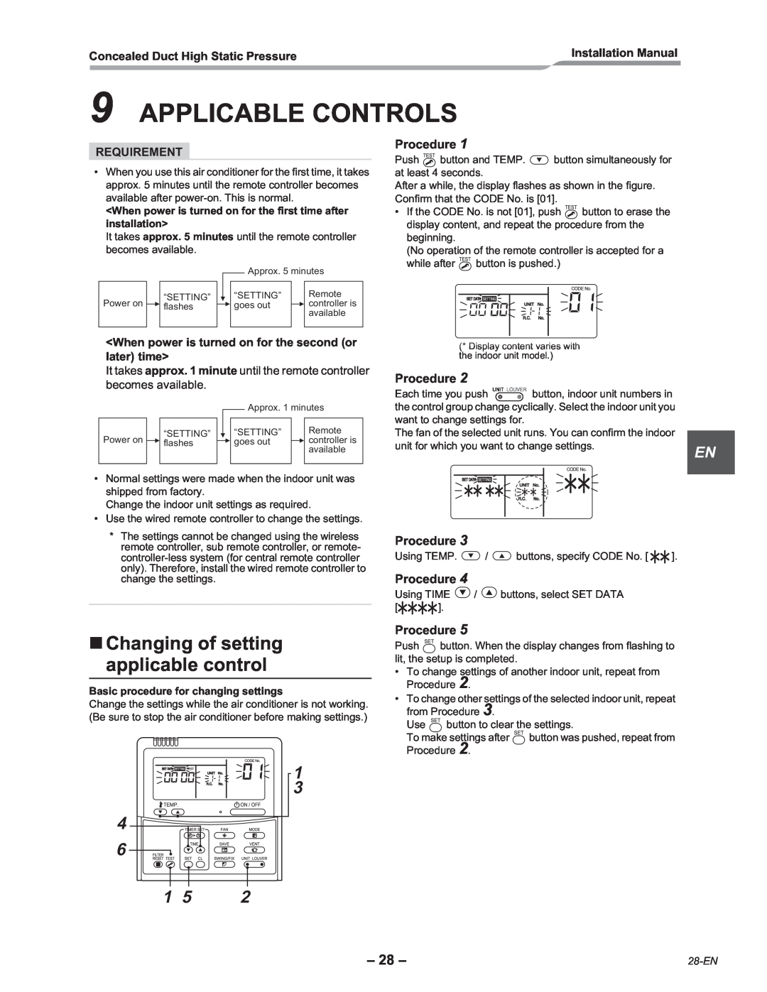 Toshiba RAV-SM2242DT-E Applicable Controls, Changing of setting applicable control, Procedure, Installation Manual, 28-EN 