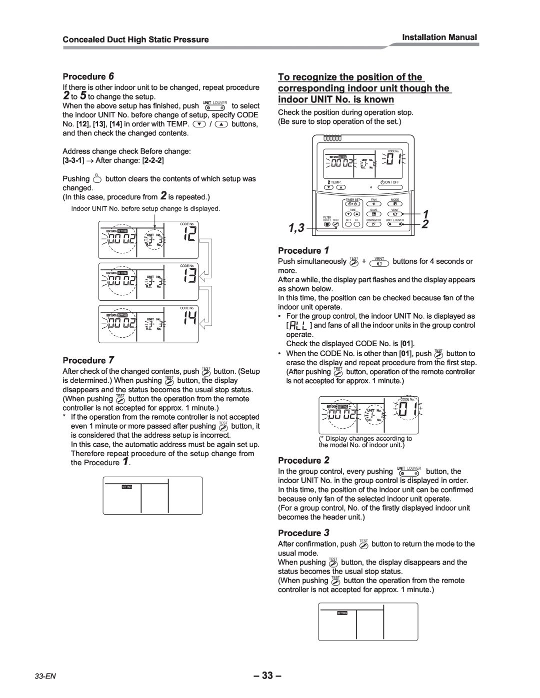 Toshiba RAV-SM2802DT-E, RAV-SM2242DT-E Procedure, Concealed Duct High Static Pressure, Installation Manual, 33-EN 