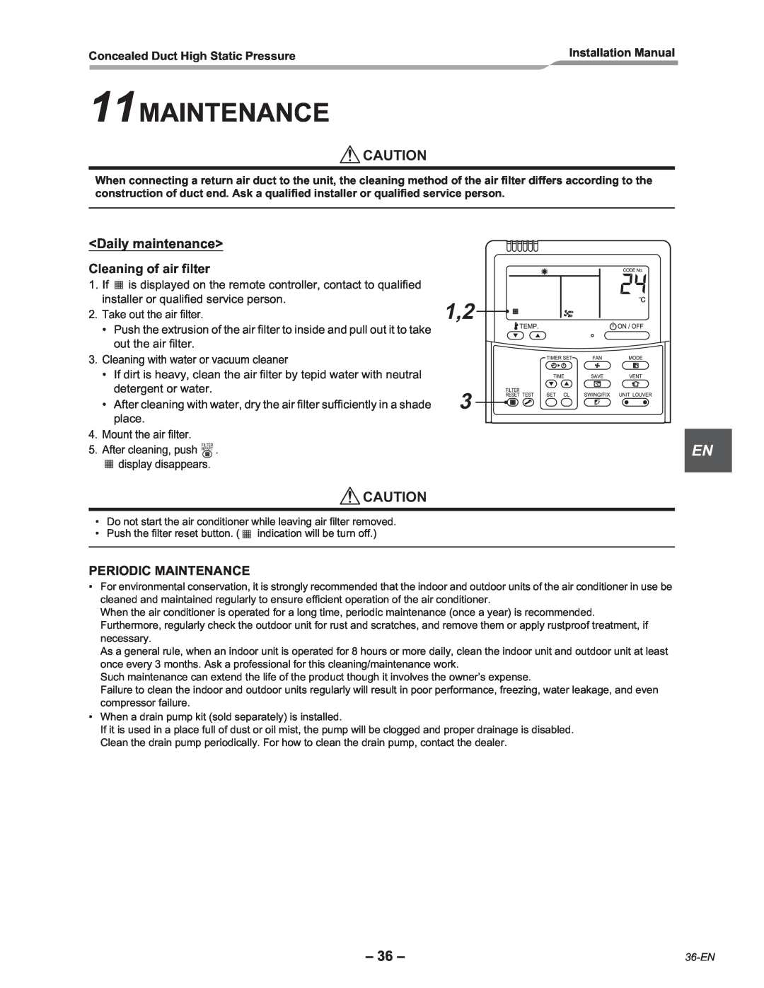 Toshiba RAV-SM2242DT-E, RAV-SM2802DT-E 11MAINTENANCE, 1,2, Daily maintenance Cleaning of air filter, Periodic Maintenance 