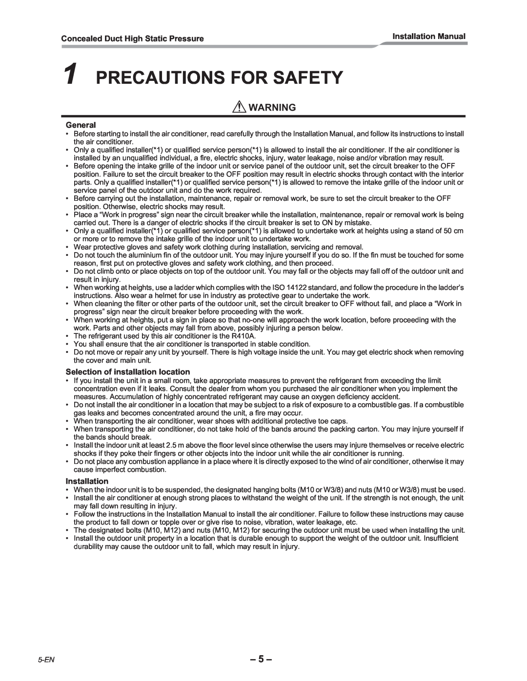 Toshiba RAV-SM2802DT-E Precautions For Safety, Concealed Duct High Static Pressure, Installation Manual, General, 5-EN 