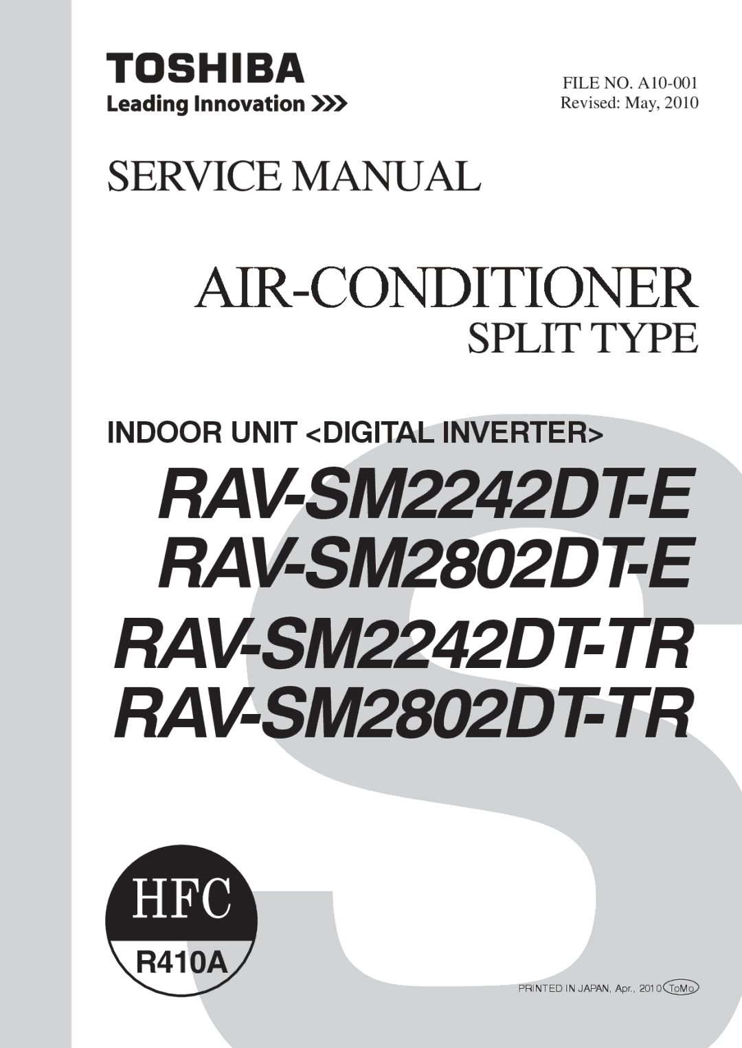 Toshiba RAV-SM2242DT-TR, RAV-SM2802DT-E, RAV-SM2802DT-TR service manual Split Type 