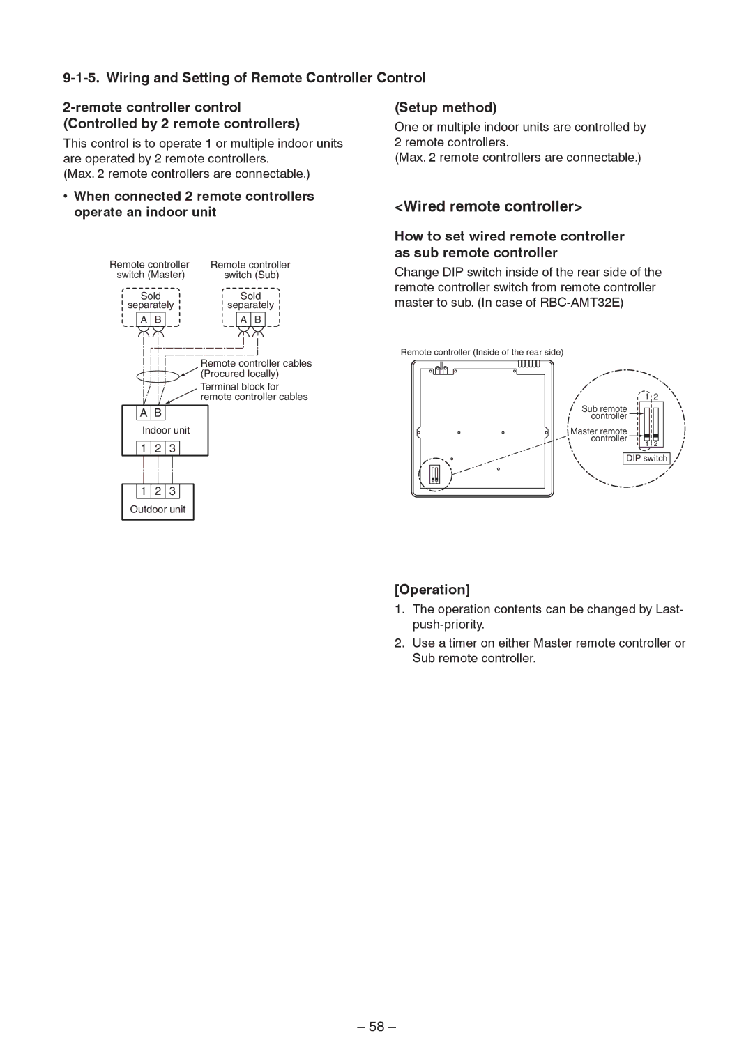 Toshiba RAV-SM2242DT-TR Wired remote controller, Setup method, How to set wired remote controller as sub remote controller 