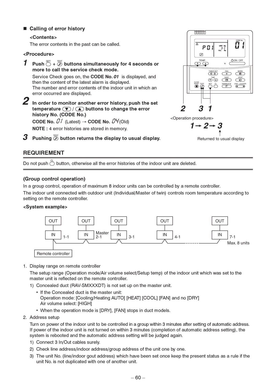 Toshiba RAV-SM2802DT-E Calling of error history, Group control operation, System example, Code No. Latest → Code No. Old 