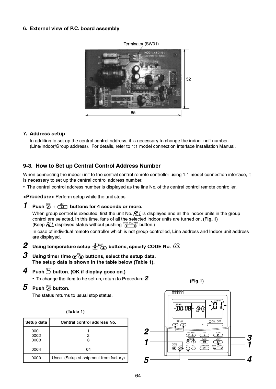 Toshiba RAV-SM2242DT-TR, RAV-SM2802DT-E service manual External view of P.C. board assembly, Address setup, Push Test button 