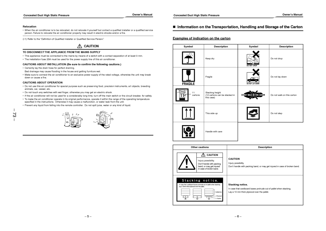 Toshiba RAV-SM2242DT-TR service manual Examples of indication on the carton, Concealed Duct High Static Pressure Relocation 