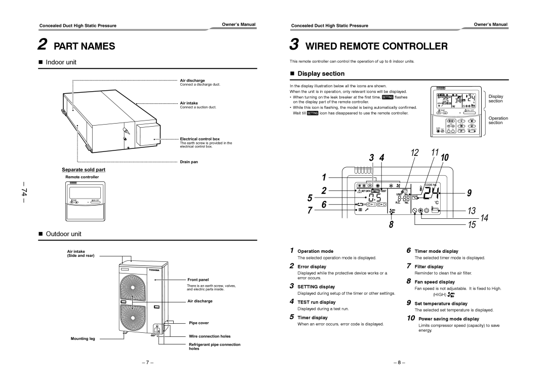 Toshiba RAV-SM2802DT-TR, RAV-SM2802DT-E, RAV-SM2242DT-TR service manual Part Names, Wired Remote Controller, Display section 