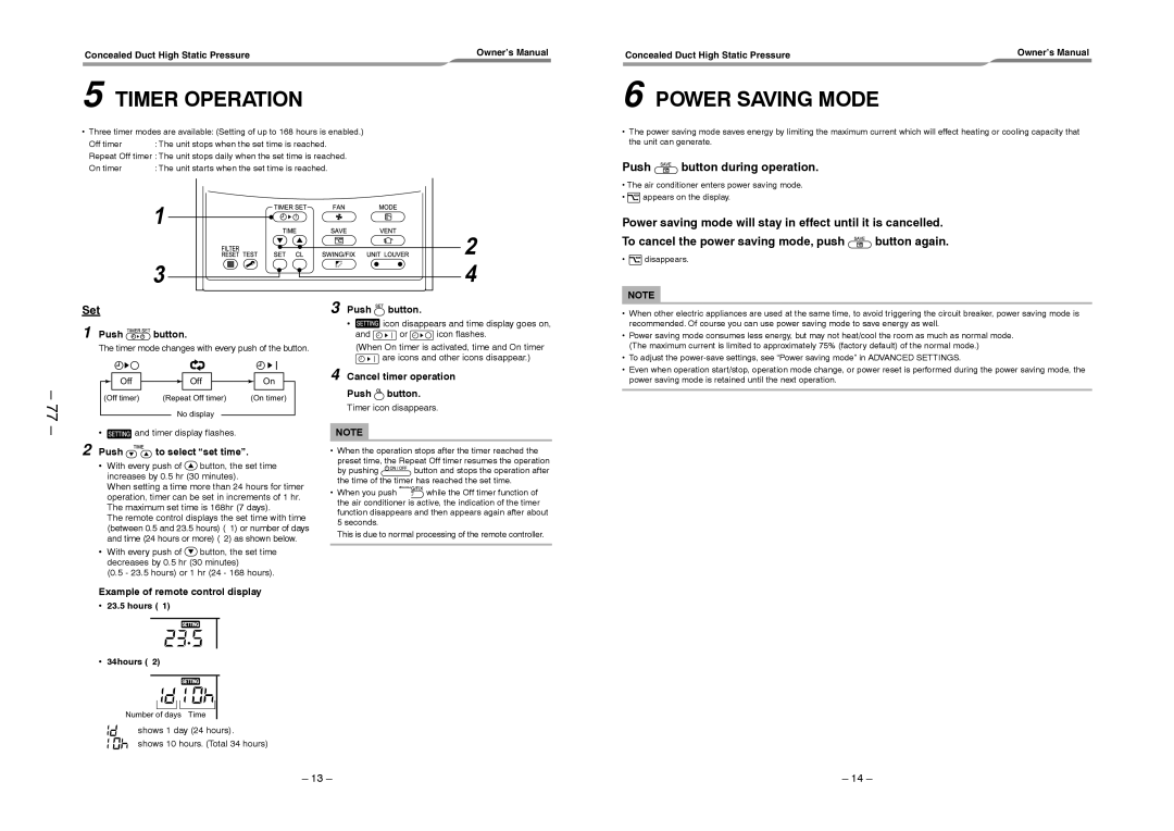 Toshiba RAV-SM2802DT-TR, RAV-SM2802DT-E service manual Timer Operation, Power Saving Mode, Push button during operation, Set 