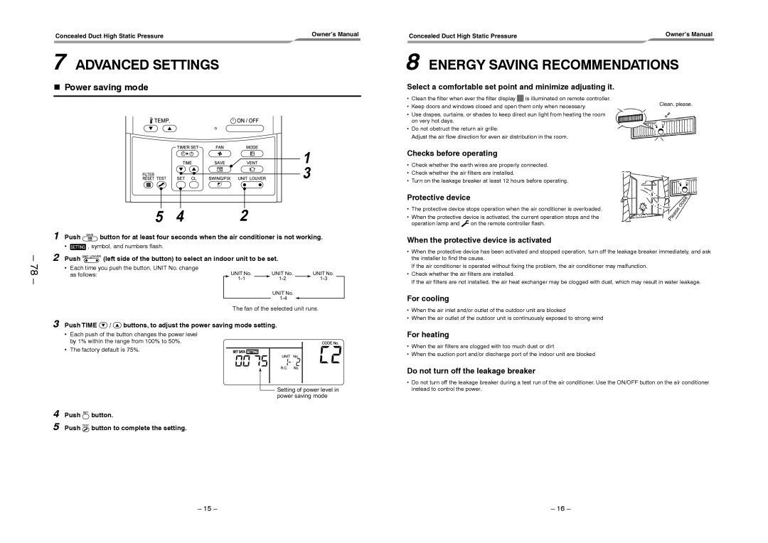 Toshiba RAV-SM2802DT-E, RAV-SM2242DT-TR service manual Advanced Settings, Energy Saving Recommendations, Power saving mode 