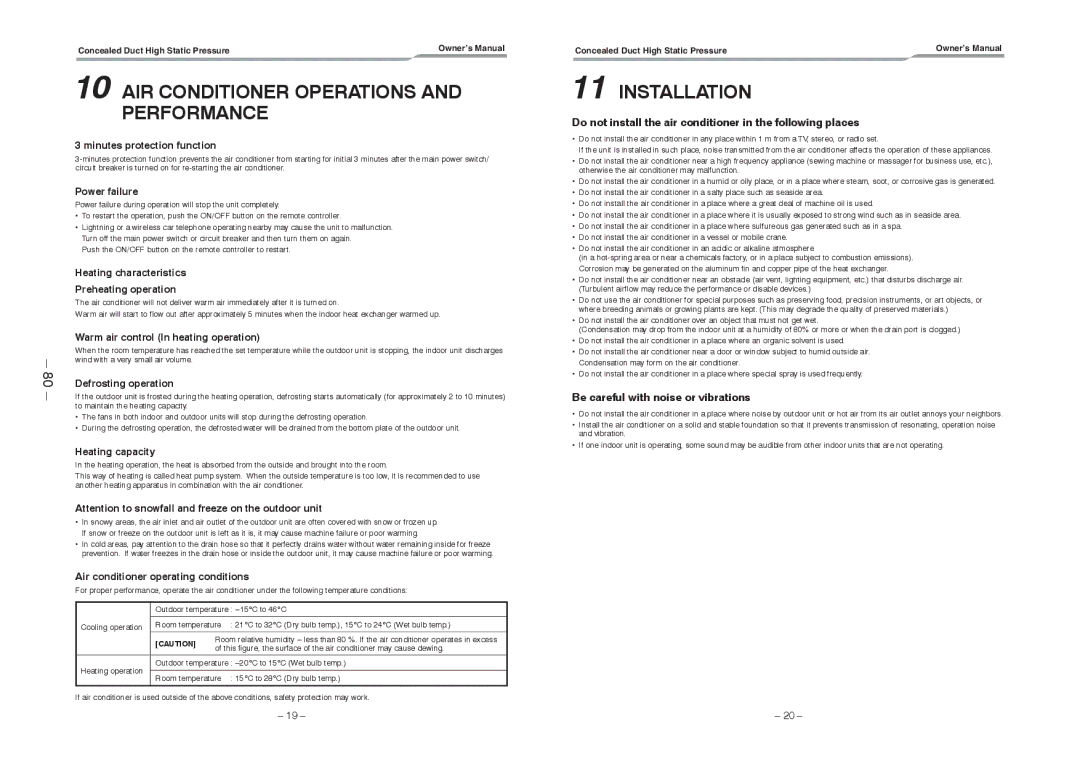 Toshiba RAV-SM2802DT-TR AIR Conditioner Operations and Performance, Installation, Be careful with noise or vibrations 