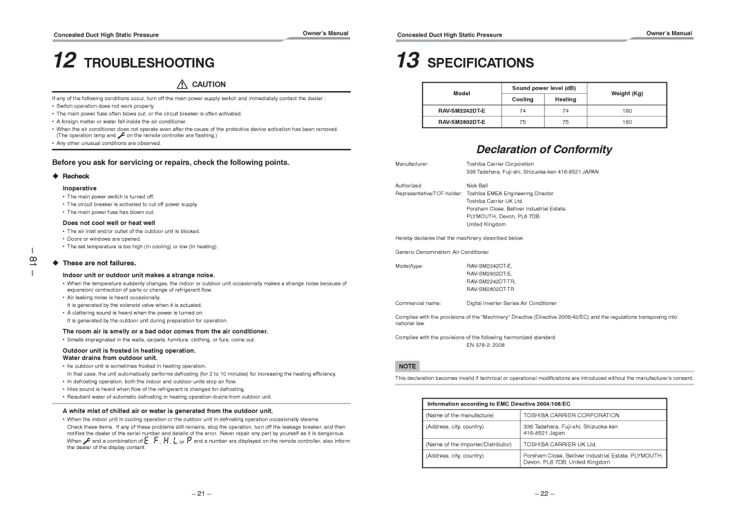 Toshiba RAV-SM2802DT-E, RAV-SM2242DT-TR, RAV-SM2802DT-TR service manual Troubleshooting, Specifications 