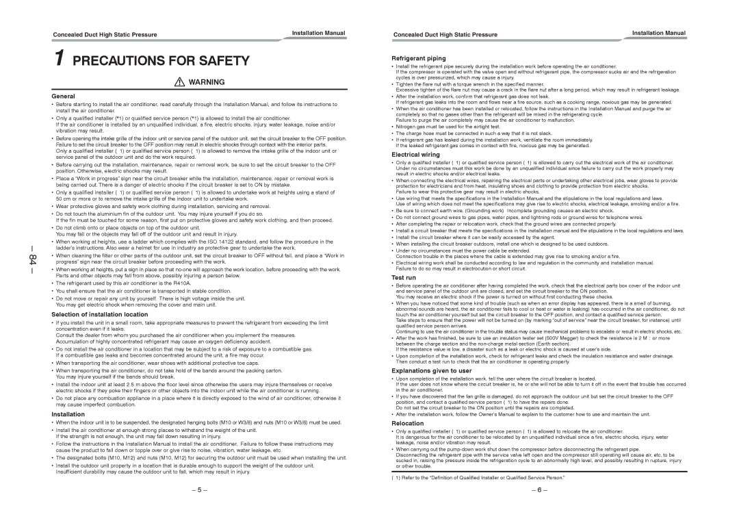 Toshiba RAV-SM2802DT-E General, Selection of installation location, Refrigerant piping, Electrical wiring, Test run 