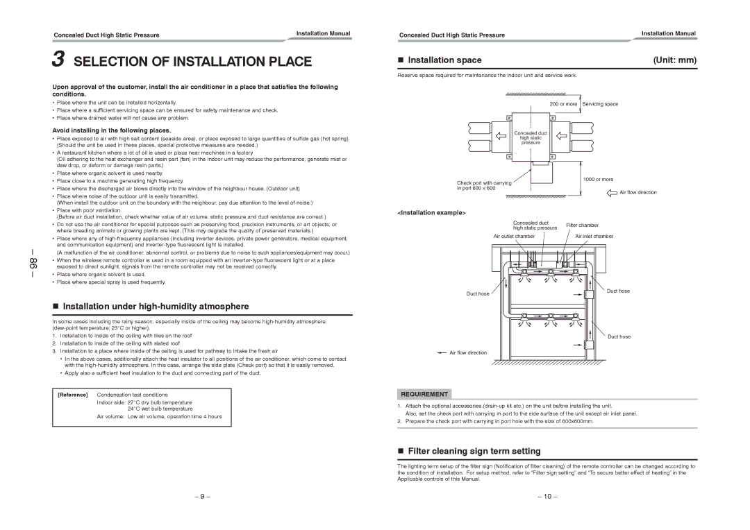 Toshiba RAV-SM2802DT-TR, RAV-SM2802DT-E Selection of Installation Place, Installation under high-humidity atmosphere 