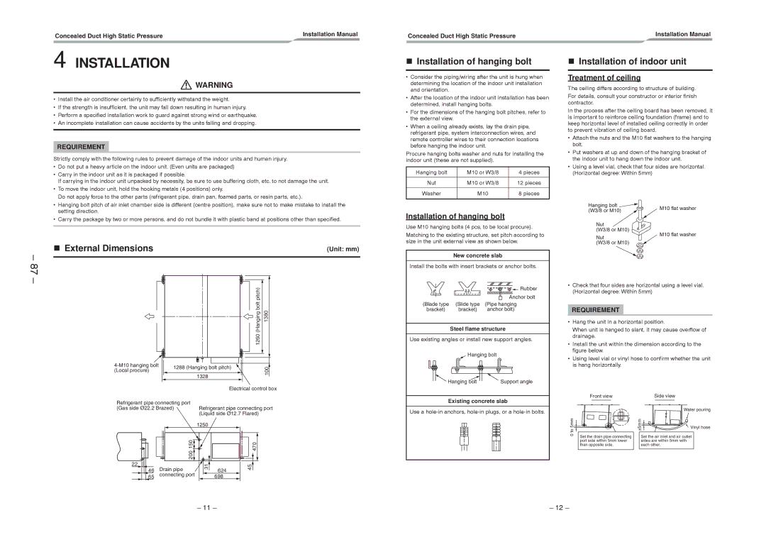 Toshiba RAV-SM2802DT-E, RAV-SM2242DT-TR External Dimensions, Installation of hanging bolt, Installation of indoor unit 