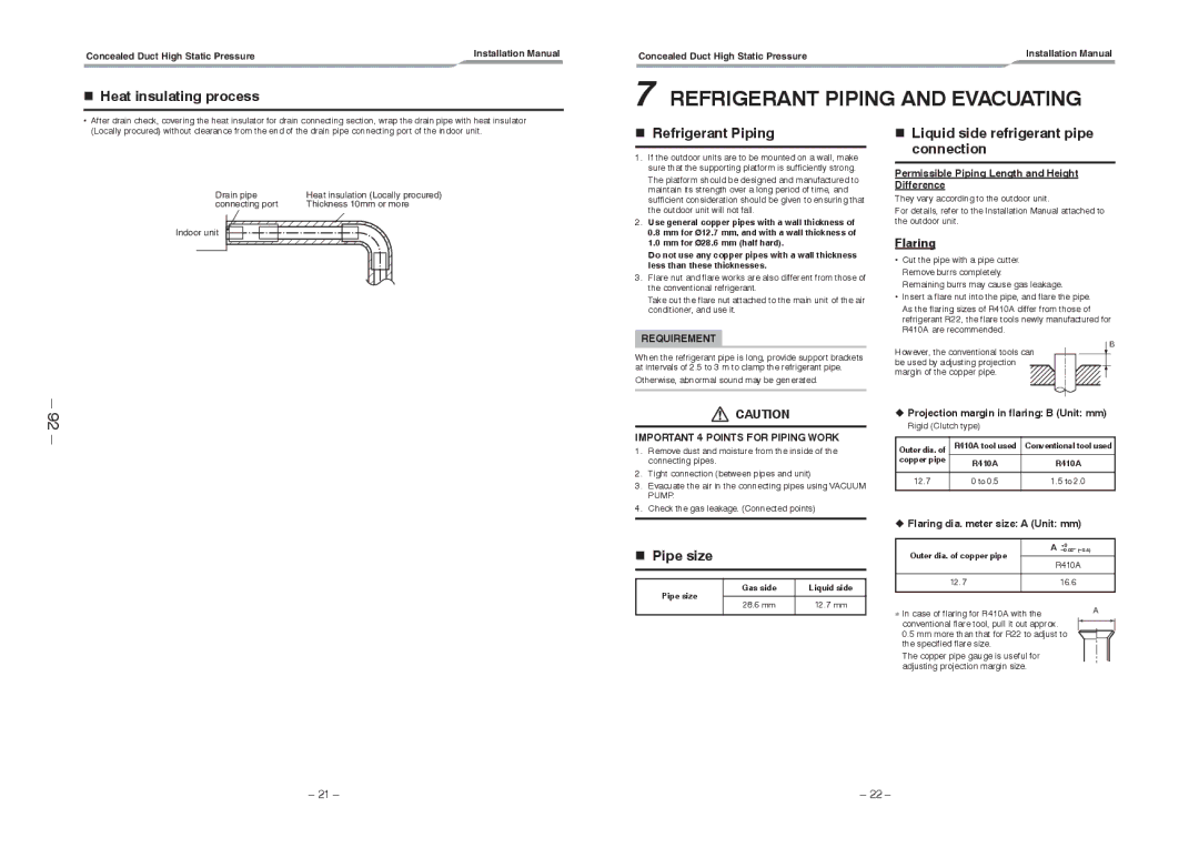 Toshiba RAV-SM2802DT-TR, RAV-SM2802DT-E service manual Refrigerant Piping and Evacuating, Heat insulating process, Pipe size 